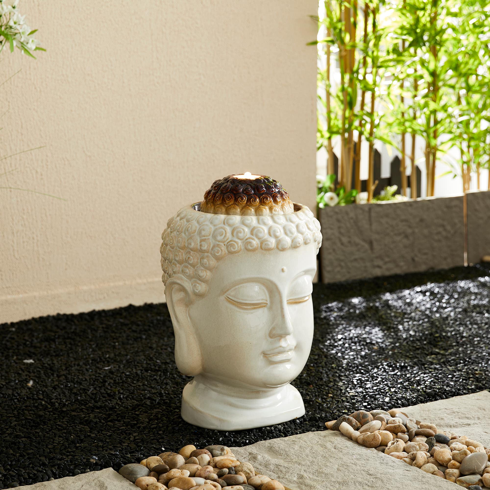 Glitzhome® 18.75" Zen-Style LED Buddha Head Ceramic Outdoor Fountain