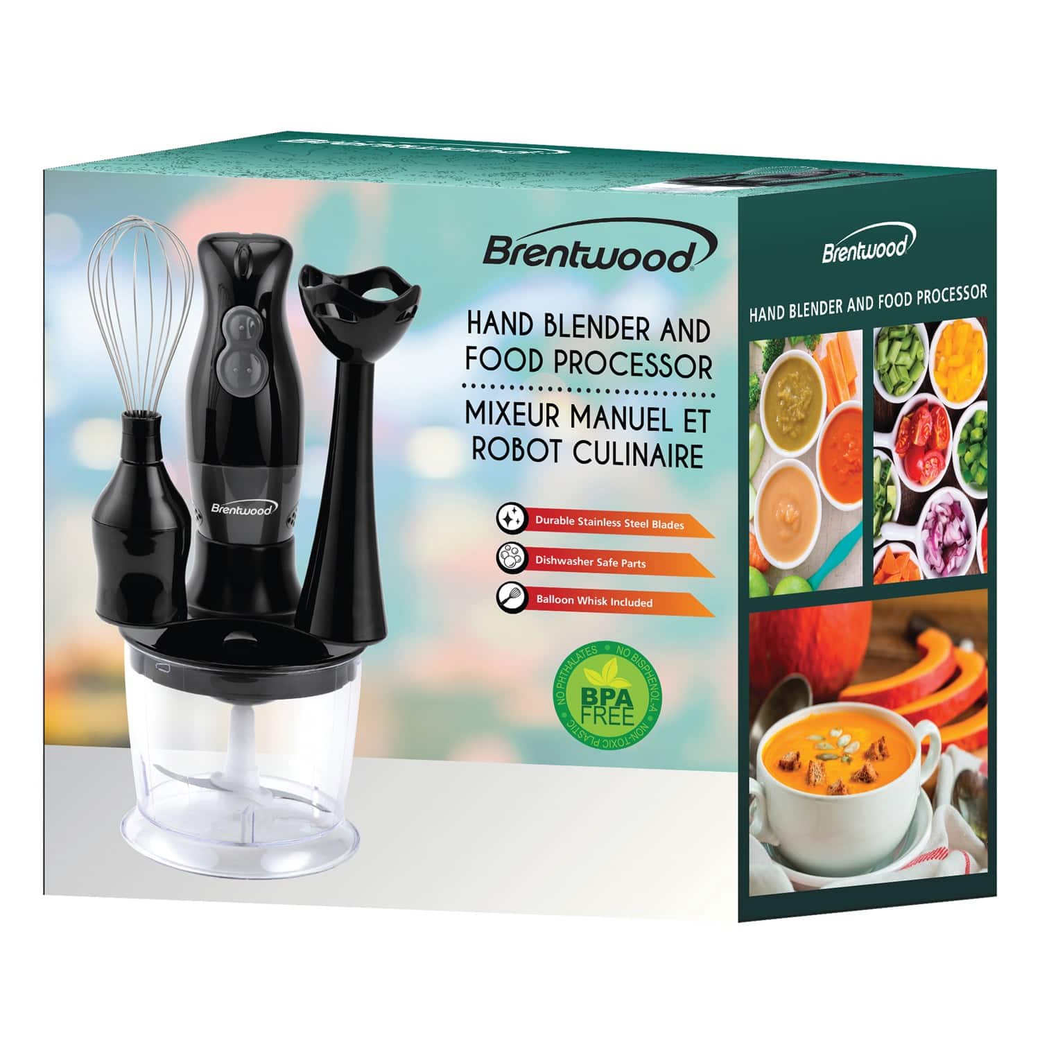 Brentwood Black 2-Speed Hand Blender &#x26; Food Processor with Balloon Whisk