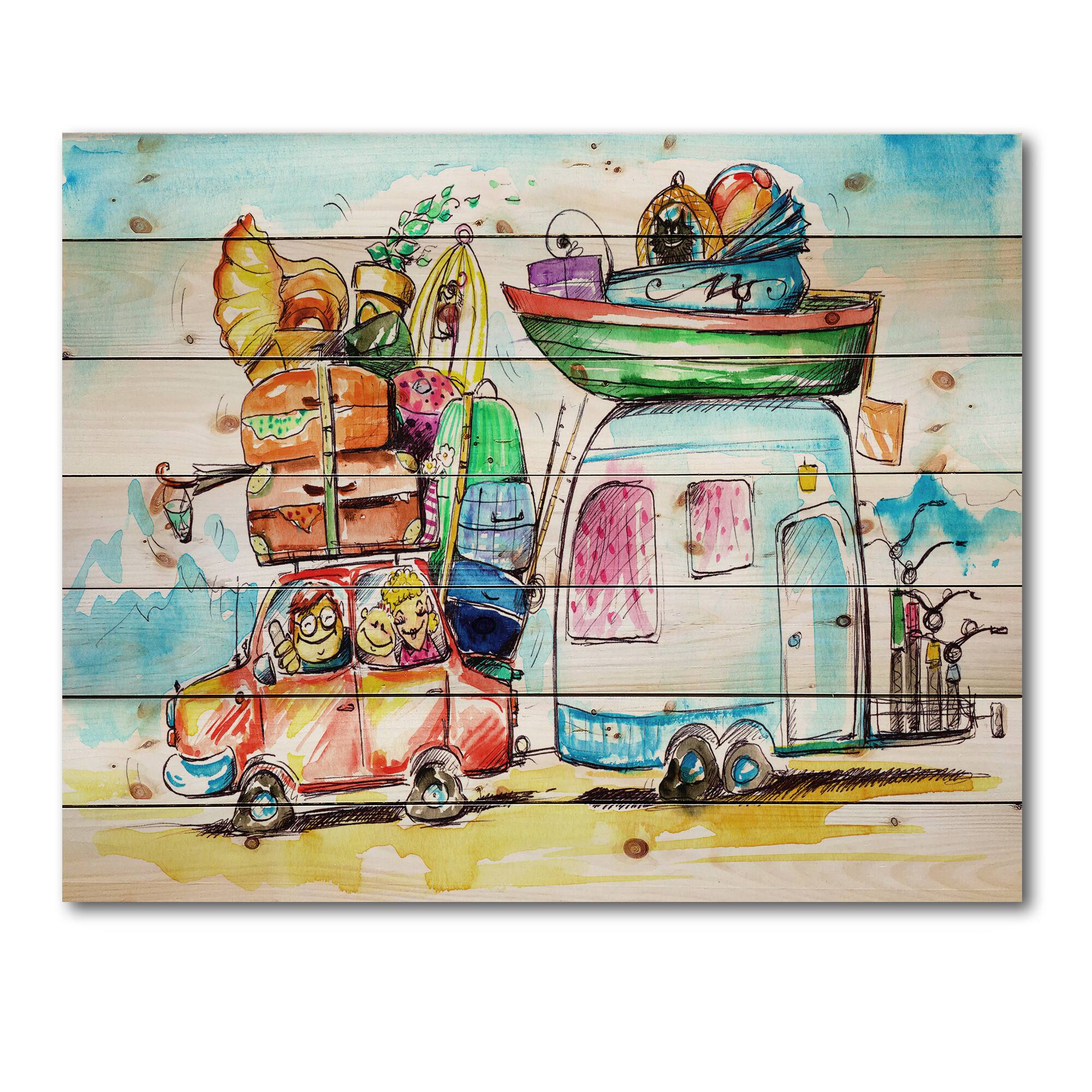 Designart - Family Travel With Caravans - Farmhouse Print on Natural Pine Wood