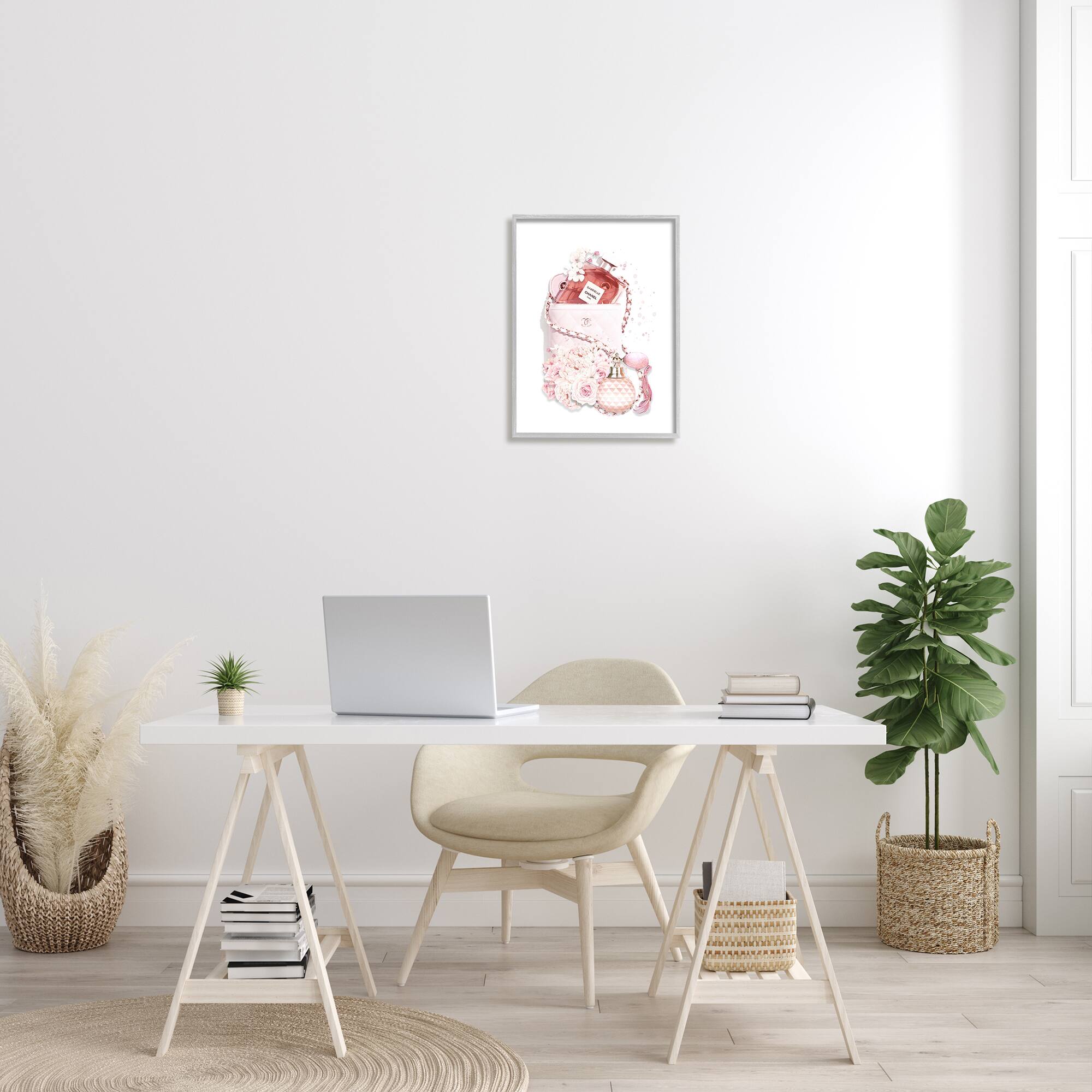 Stupell Industries Pink Designer Bag with Chic Florals Paint Splatter in Gray Frame Wall Art