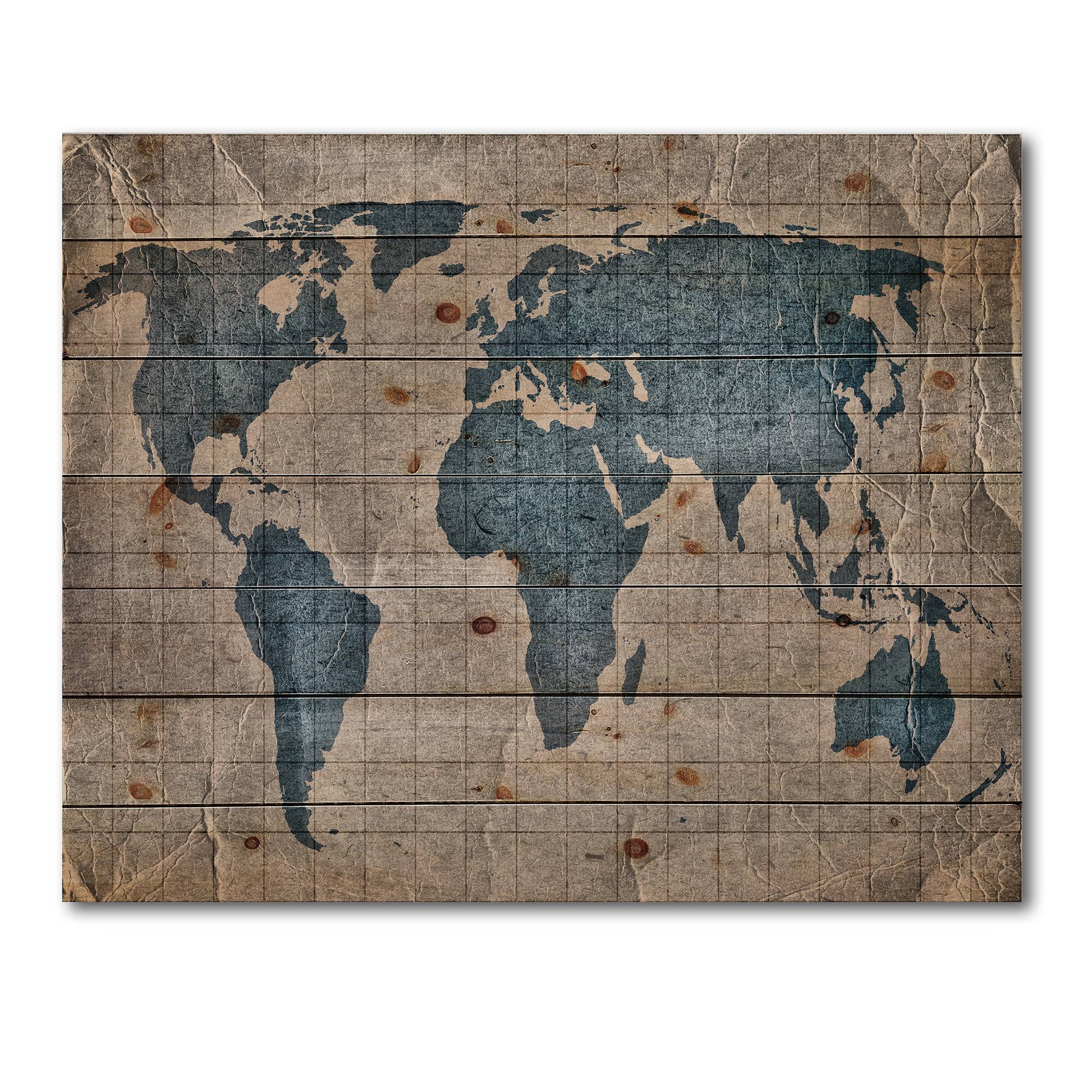 Designart - Ancient Map of The World I - Rustic Print on Natural Pine Wood