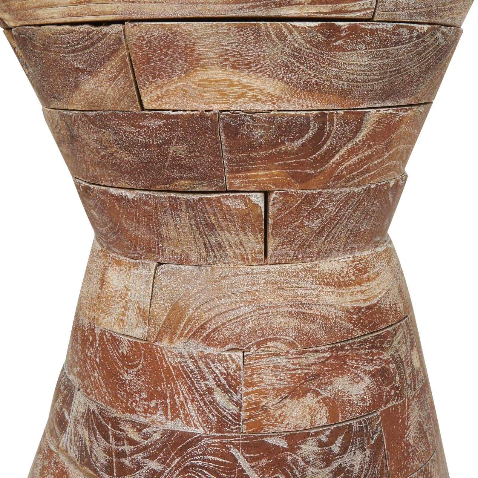 18.5" Brown Teak Wood Handmade Hourglass Accent Table with Stacked Wood Pieces