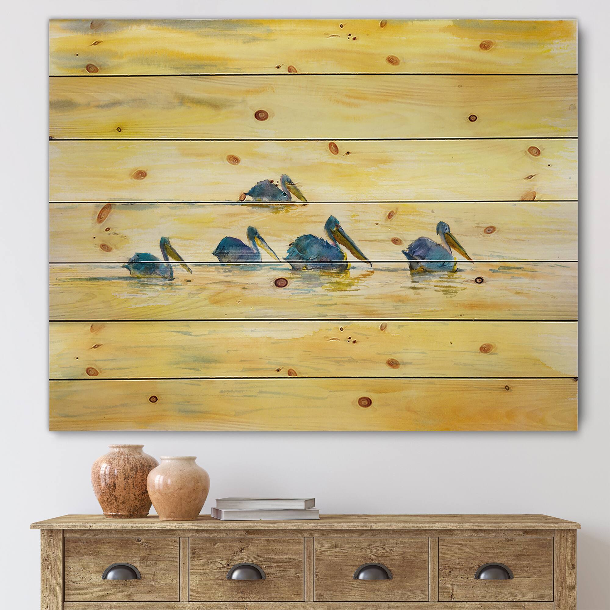 Designart - Pelicans On The Yellow River - Farmhouse Print on Natural Pine Wood