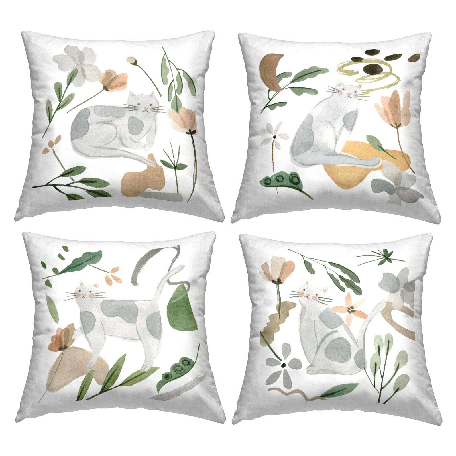 Stupell Industries Casual Grey Spotted Cats Varied Botanical Sprigs 4 Pillow Set, 18" x 18"