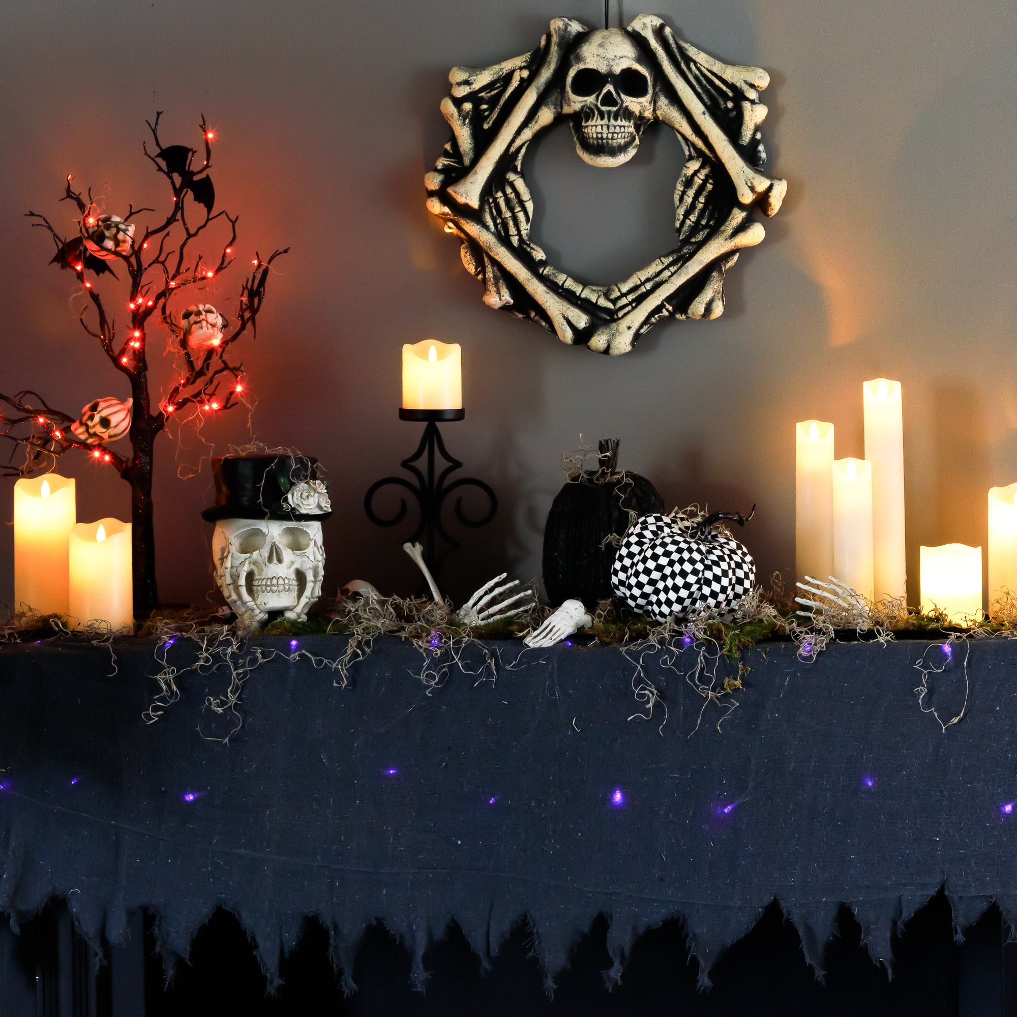 Lighted Raggedy Halloween Valance- 5.75&#x27; - Purple LED Lights