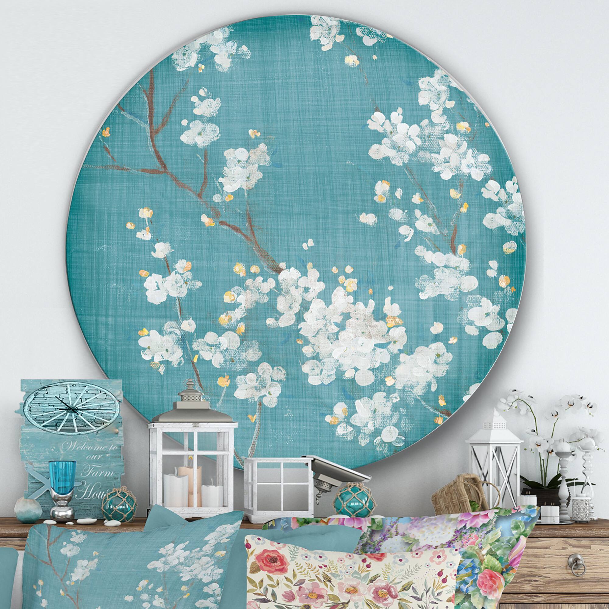 Designart - Blue Cherry Blossoms I - Farmhouse Metal Circle Wall Art