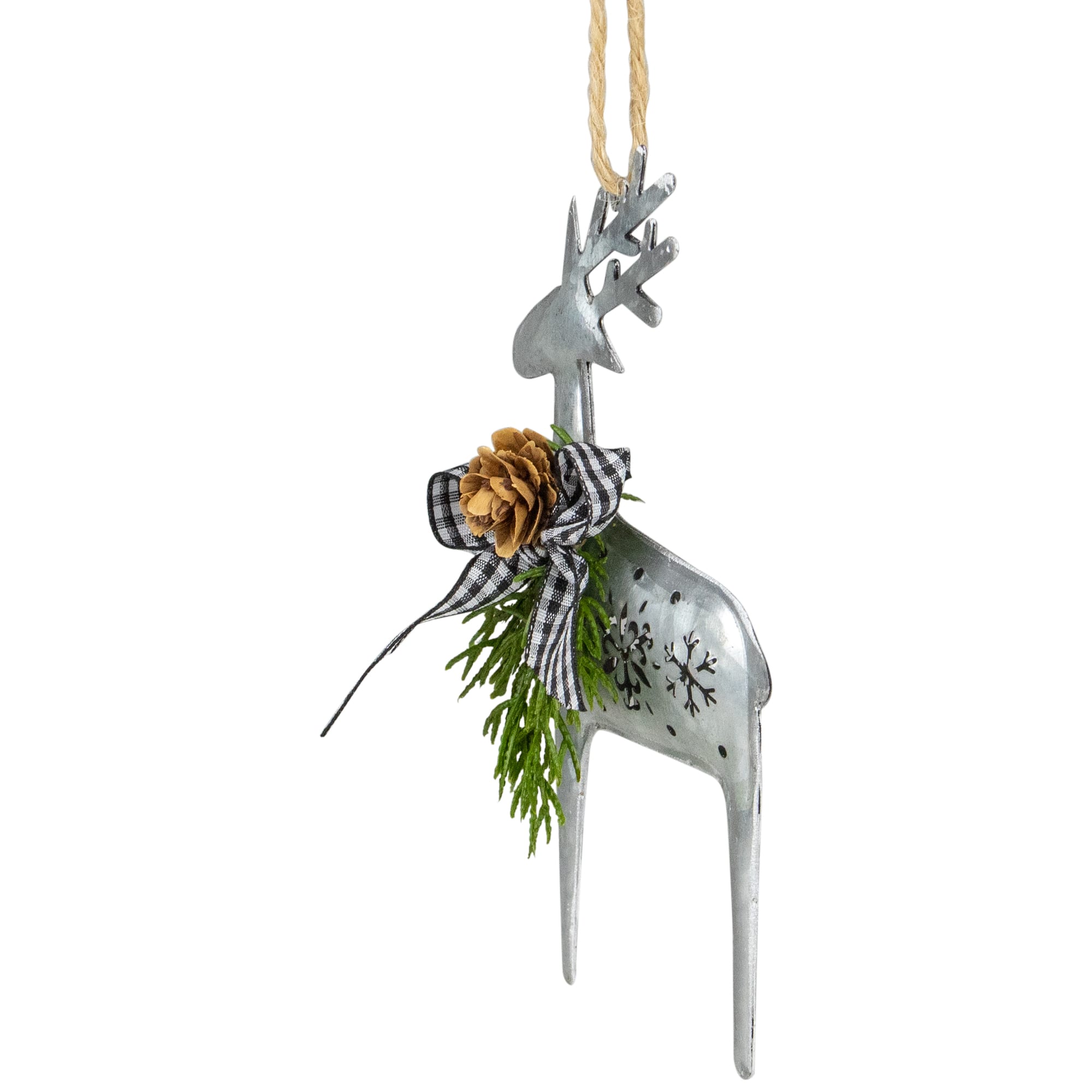 6.25" Silver Metal Reindeer Christmas Ornament with Black Gingham Bowtie & Pine