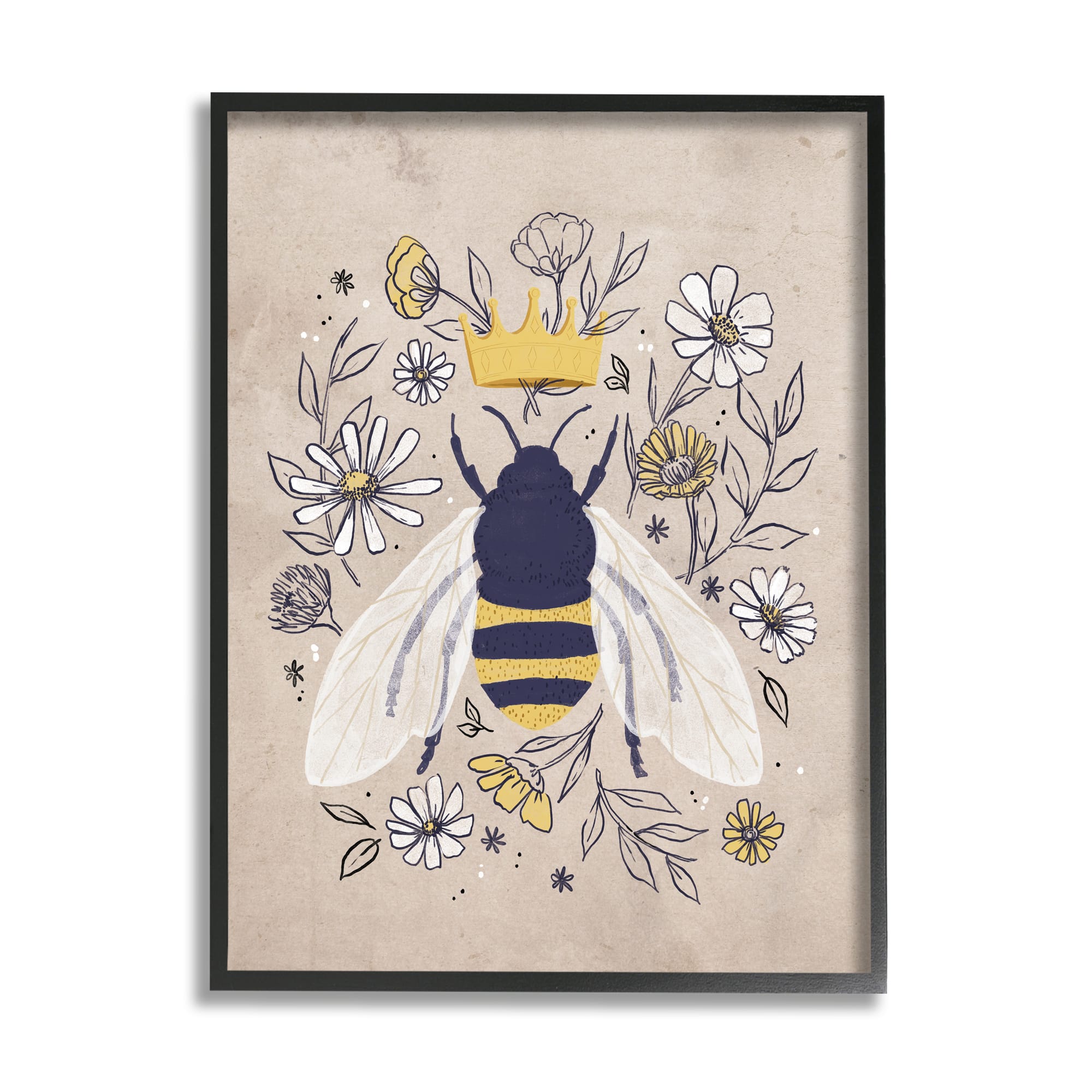 Stupell Industries Queen Bee with Crown Yellow White Daisy Florals in Black Frame Wall Art