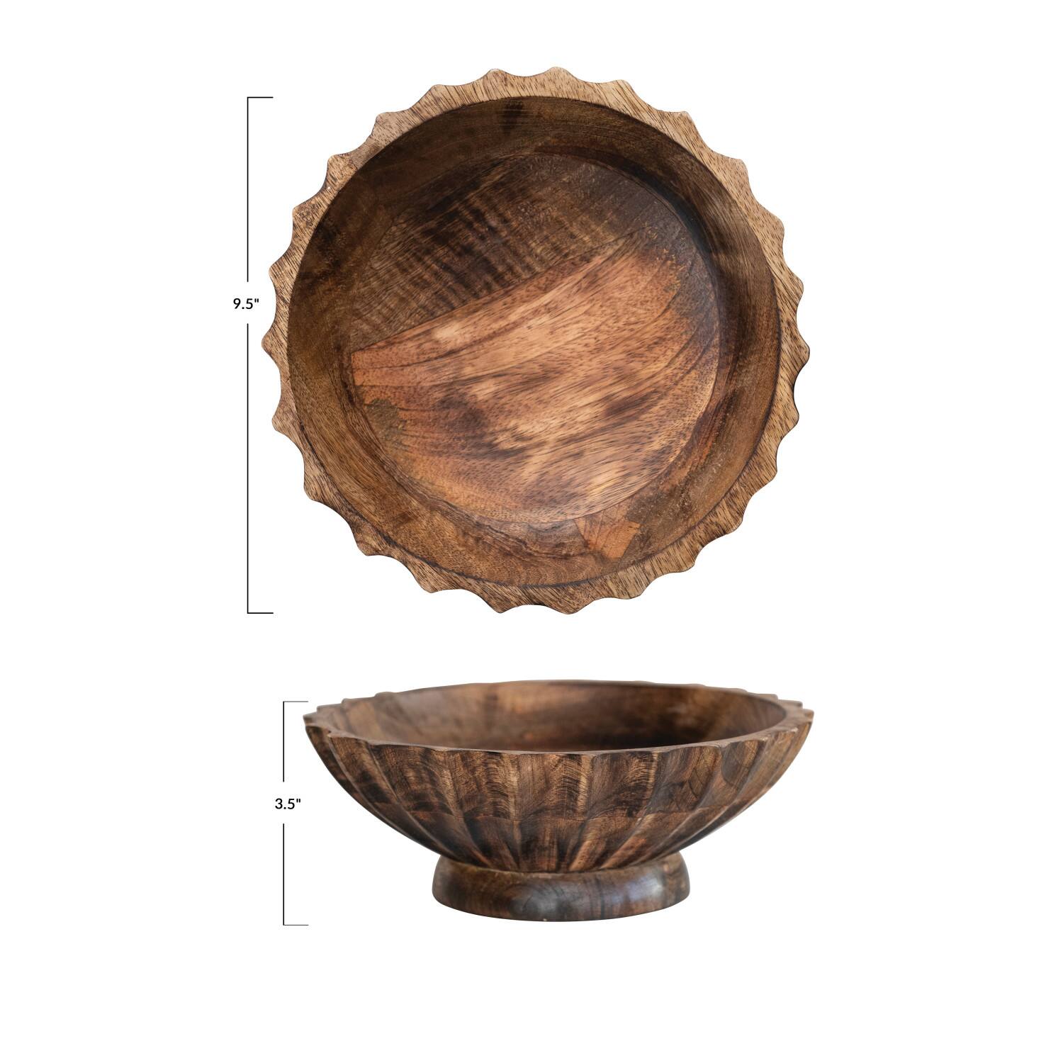Hello Honey® 9.5" Burnt Finish Hand-Carved Mango Wood Footed Bowl with Scalloped Edge