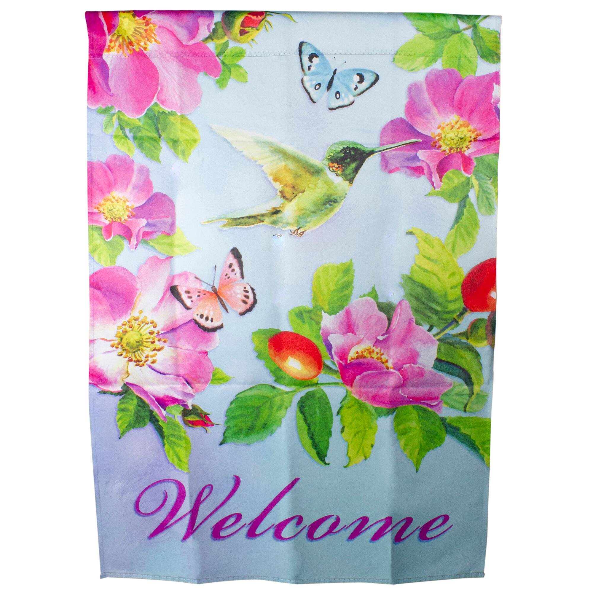 40&#x22; Pink &#x26; Blue Welcome Hummingbird Floral House Flag