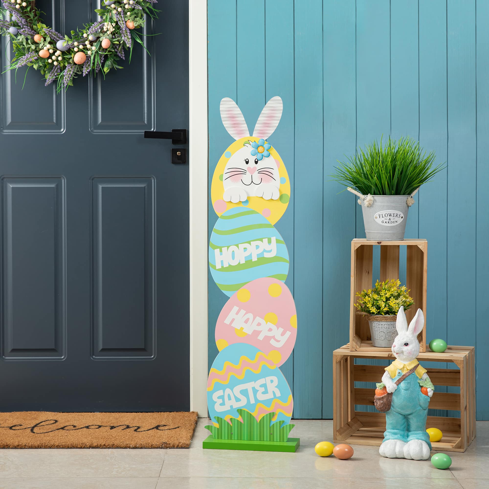 Glitzhome® 42" Easter Wooden Bunny & Eggs Porch Décor