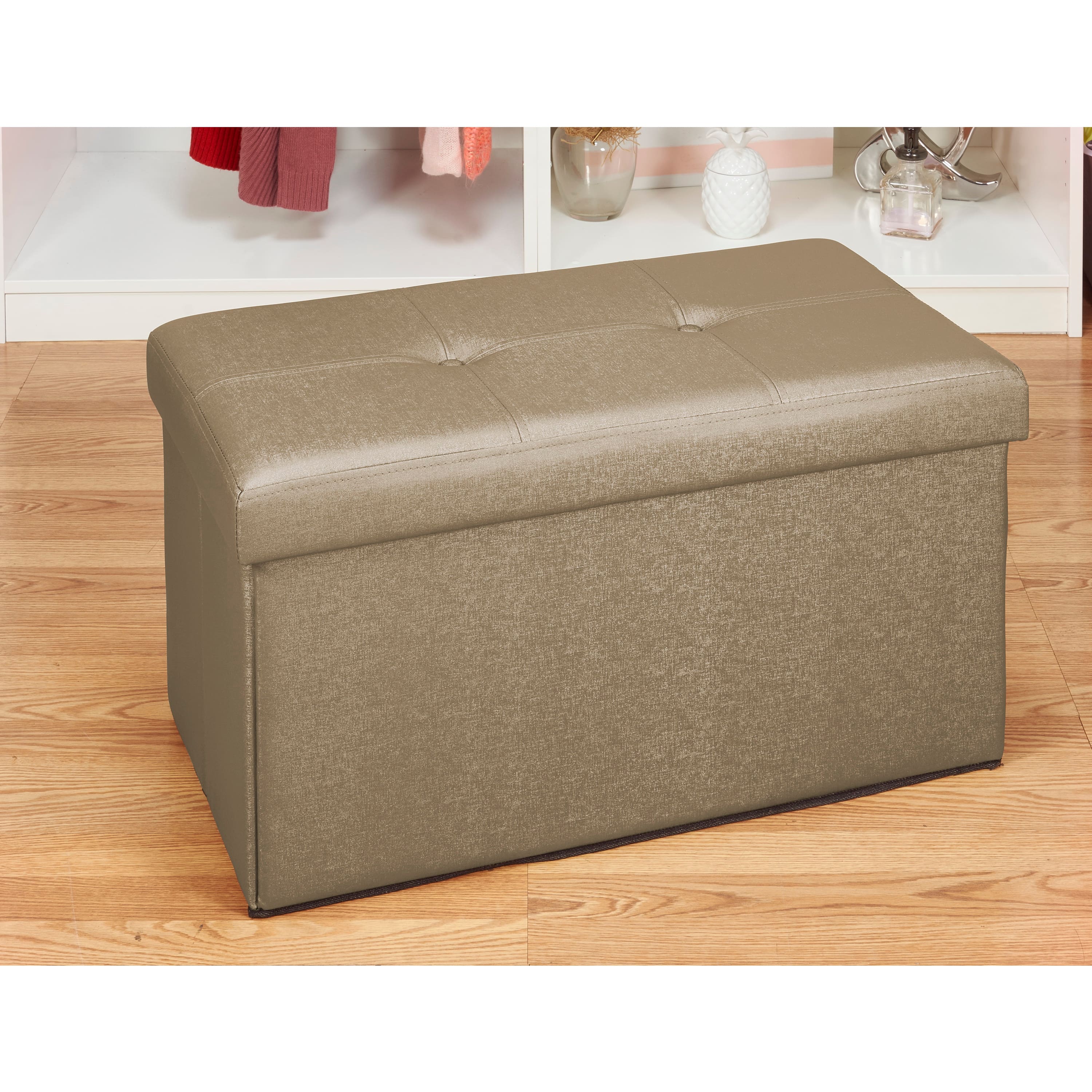 Simplify Metallic Brown Faux Leather Double Folding Storage Ottoman