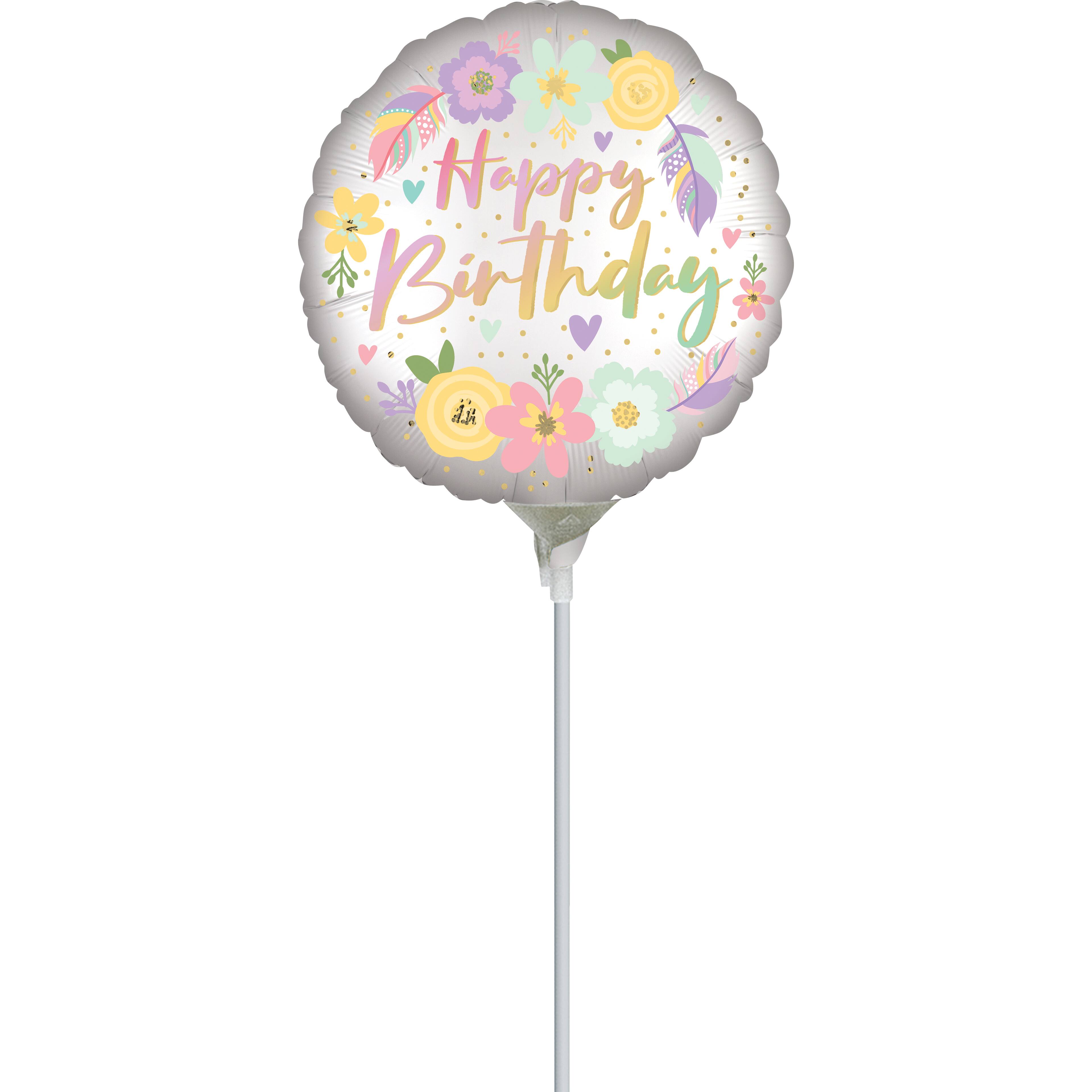 9" Boho Birthday Flowers Foil Stick Balloon