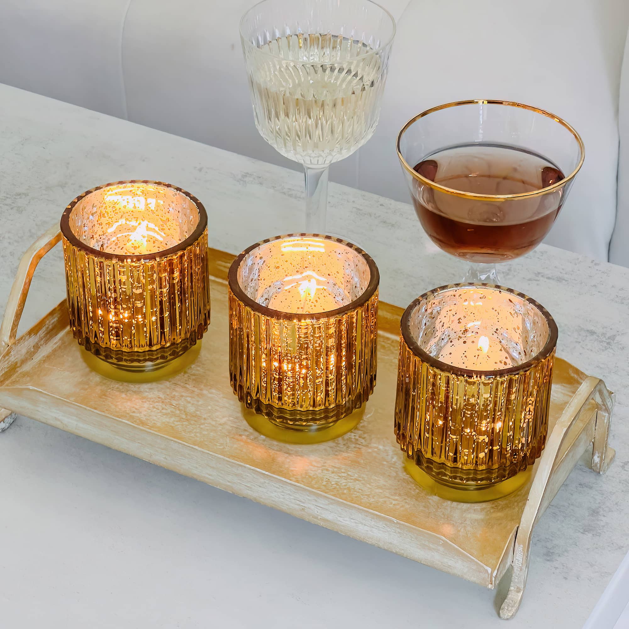 Kate Aspen&#xAE; Gold Vintage Ribbed Glass Tealight Votive Candle Holder Set
