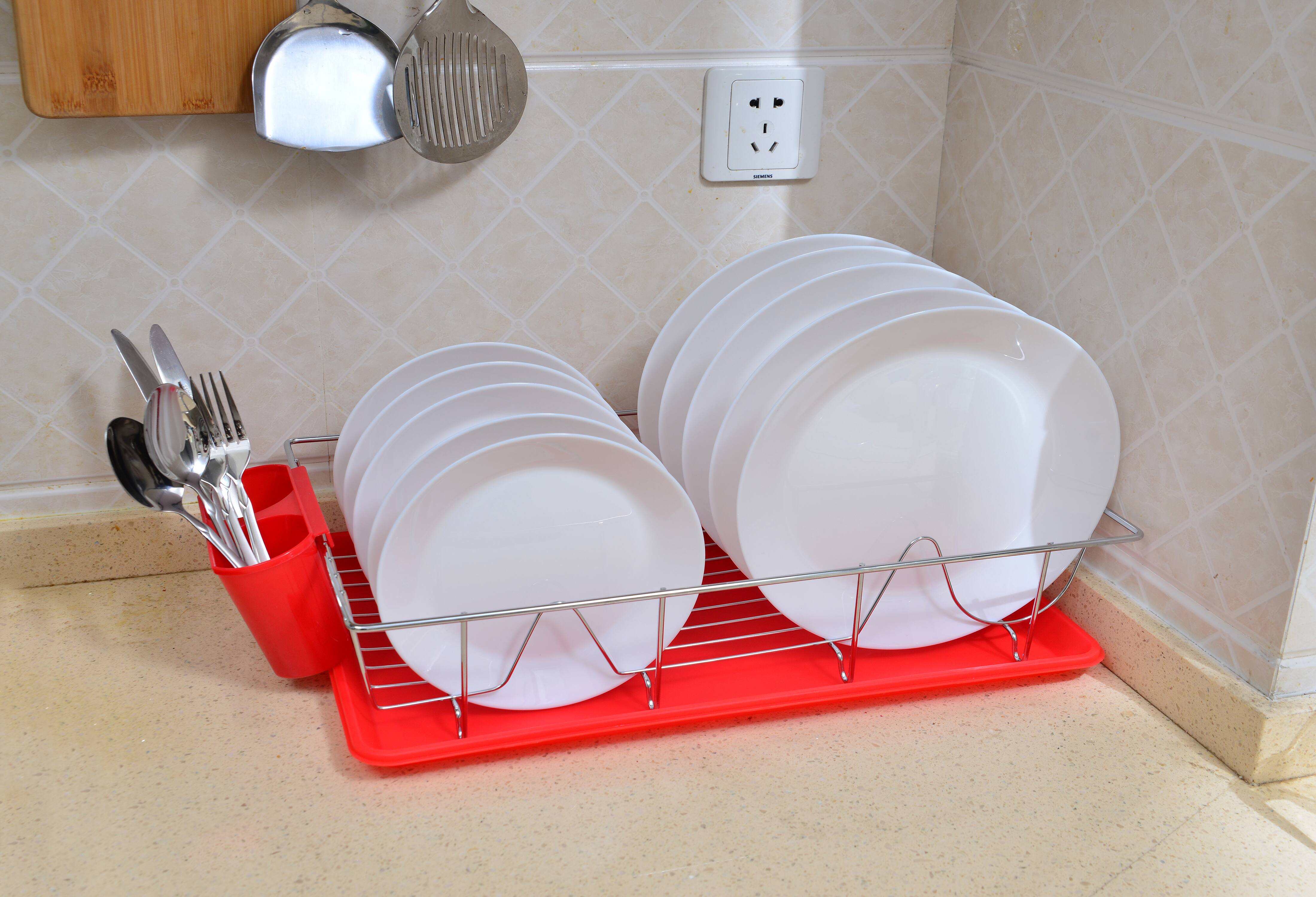 Kitchen Details Red 3-Piece Chrome Dish Rack with Tray