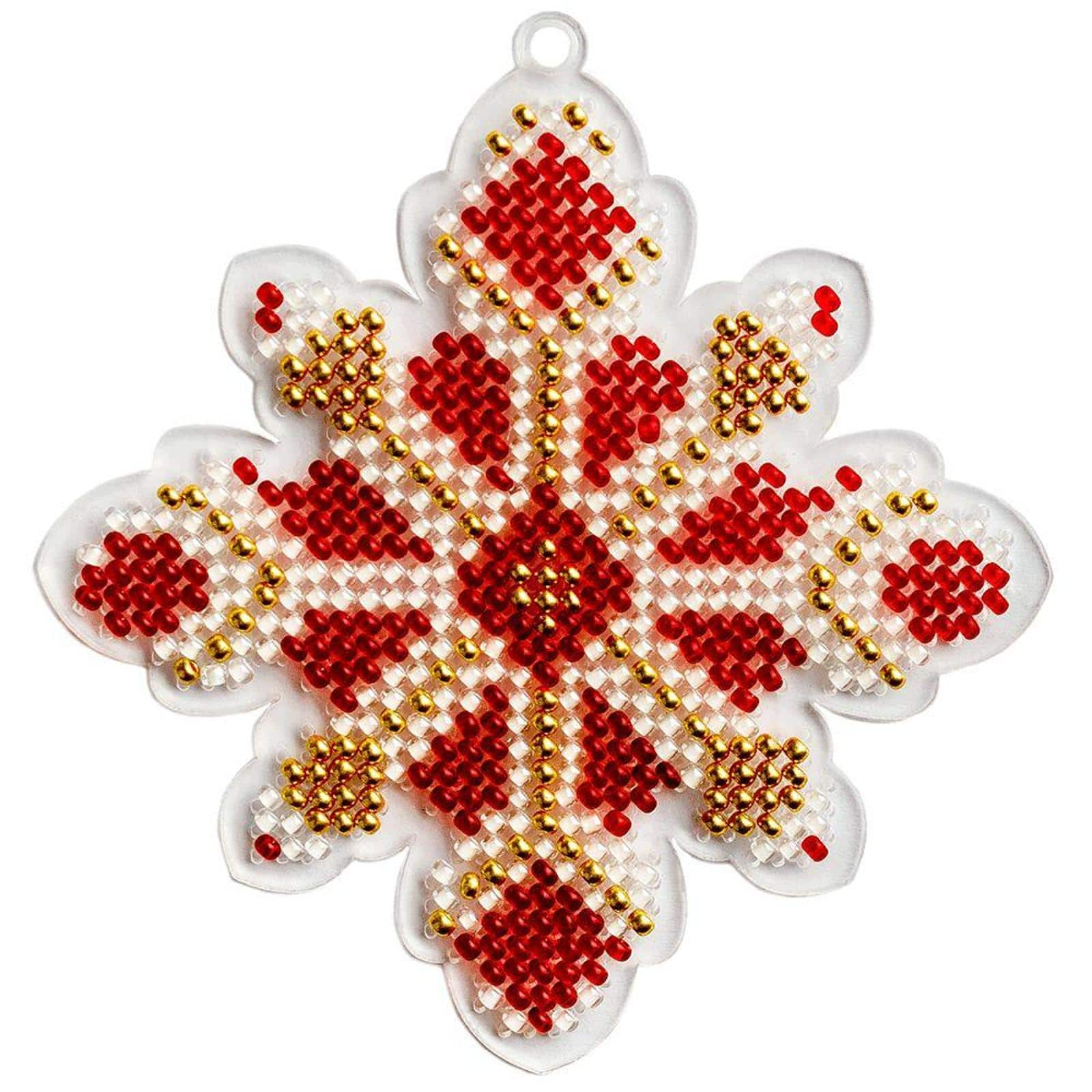 Wonderland Crafts Red &#x26; Gold Fair Isle Snowflake Ornament Bead Embroidery on Plastic Kit