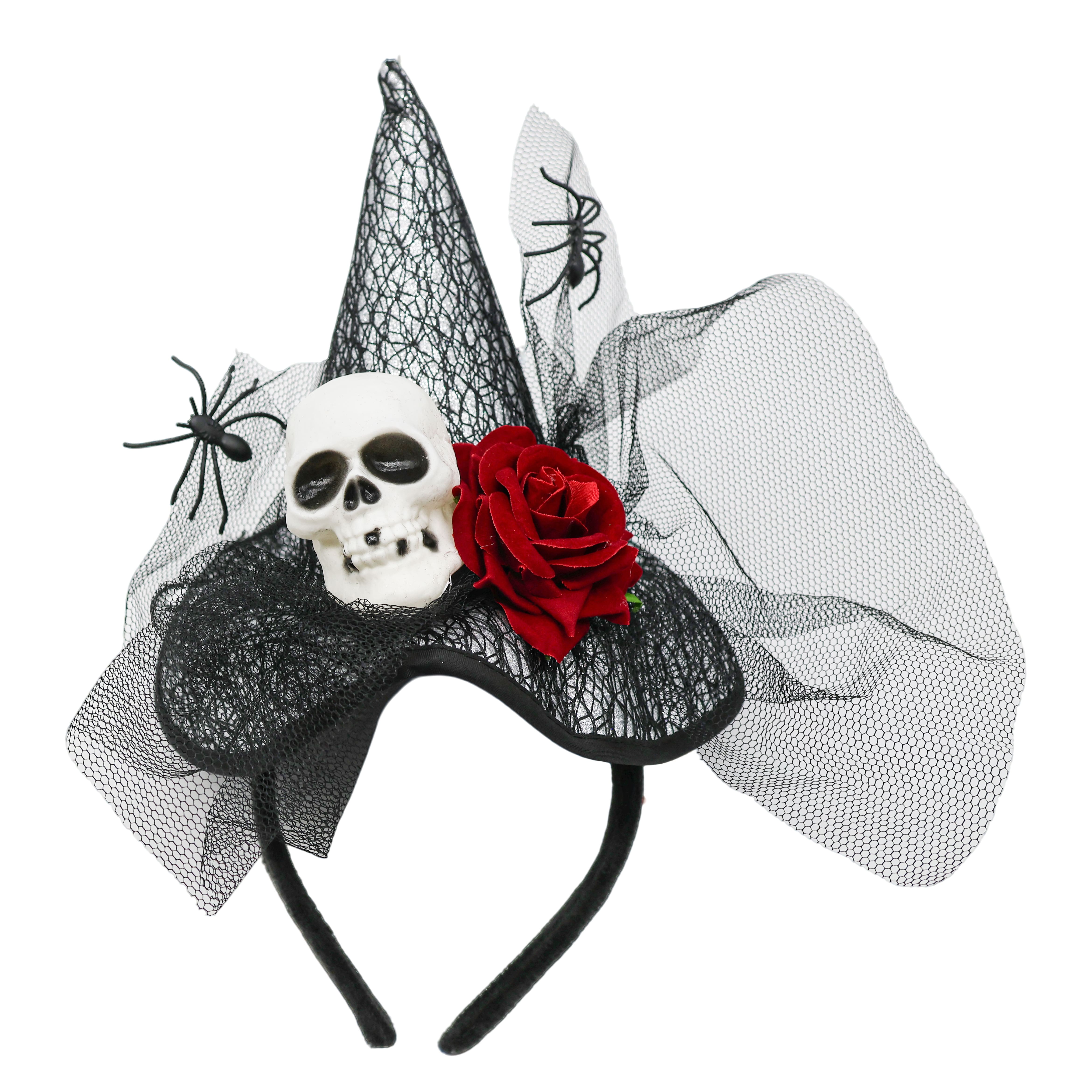 Black Mesh Witch Hat Headband with Skull &#x26; Spiders by Celebrate It&#x2122;