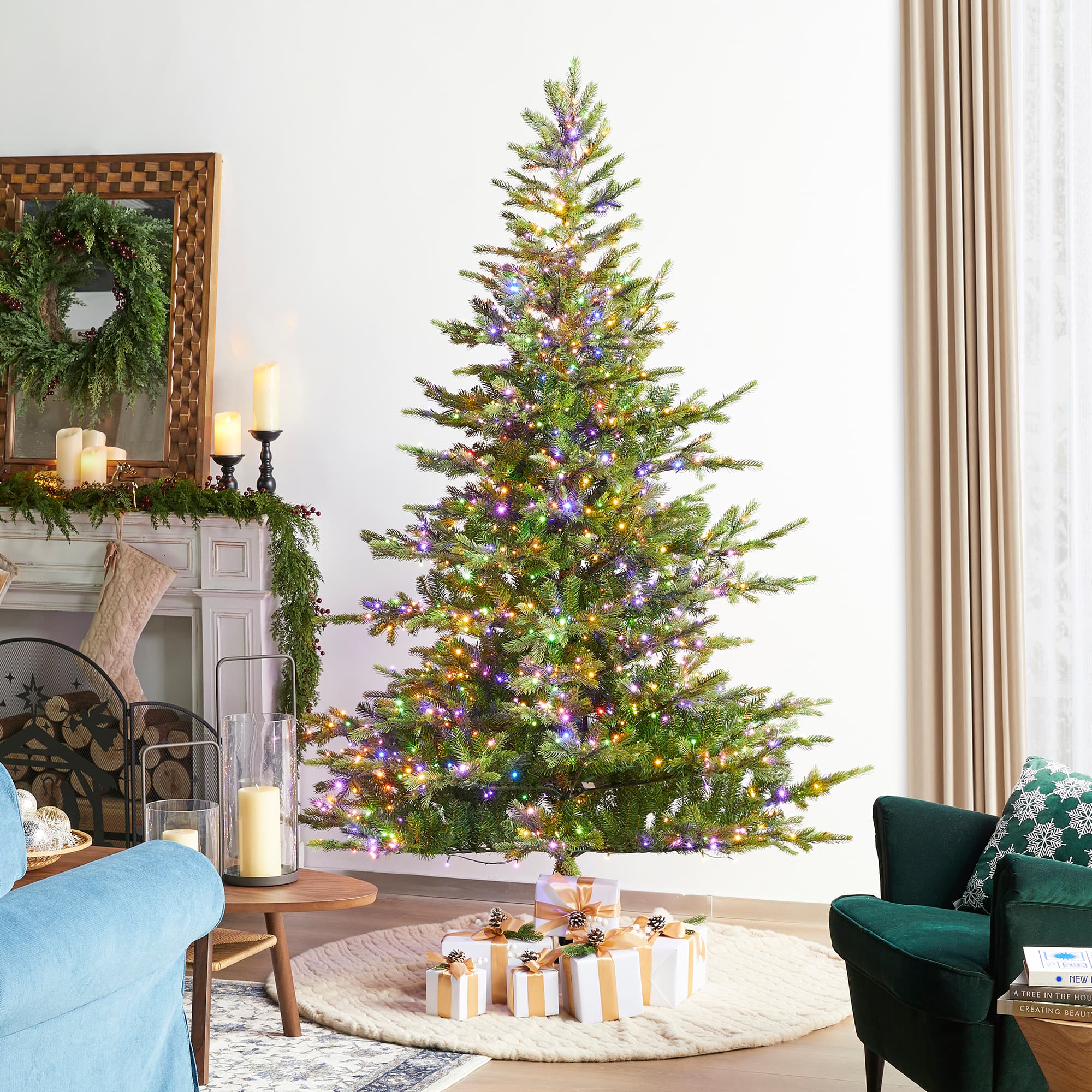 Glitzhome&#xAE; 7.5ft Pre-Lit Green Full Fir Artificial Christmas Tree, Multicolor LED Lights