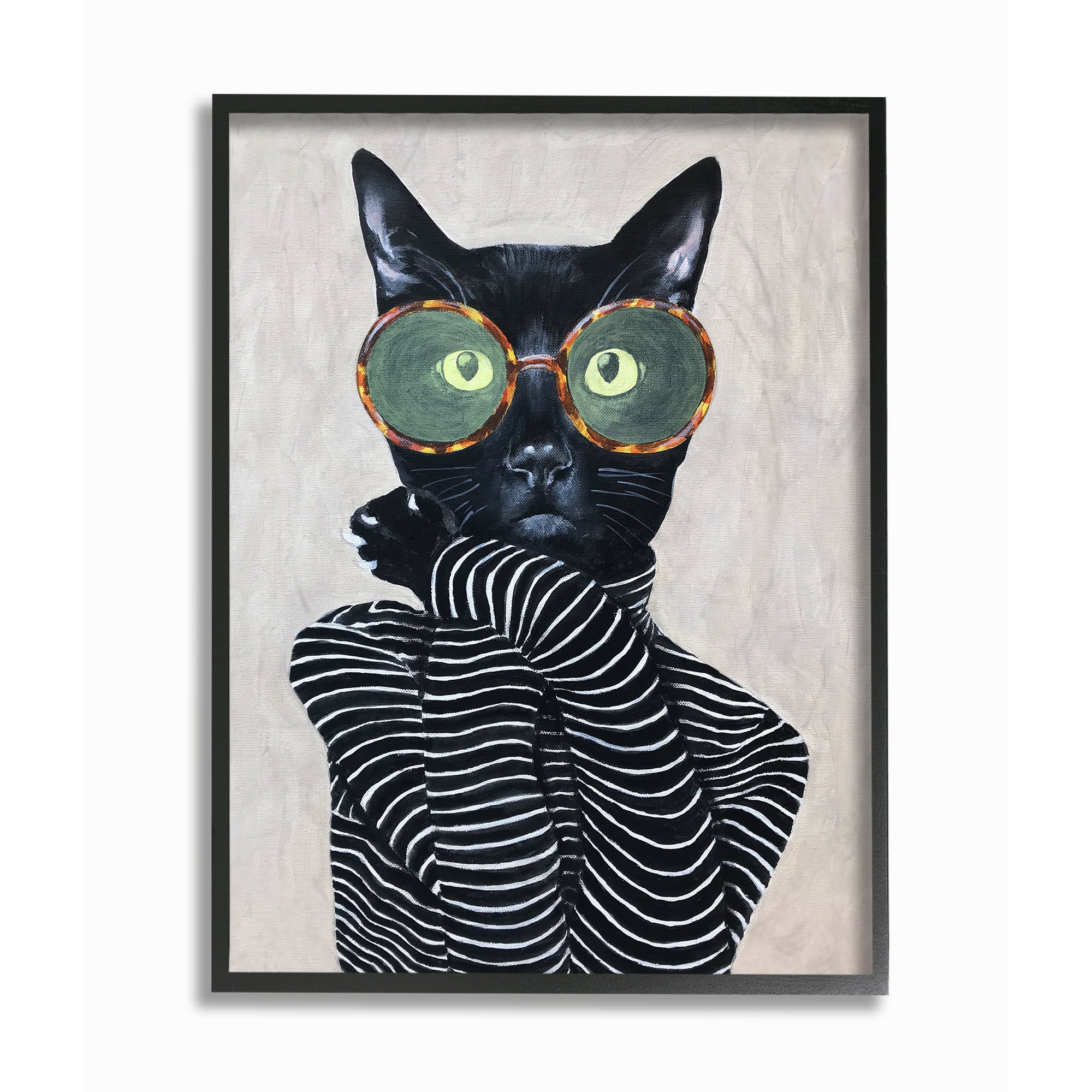 Stupell Industries Fashion Feline Striped Shirt And Round Glasses Cat in Black Frame Wall Art