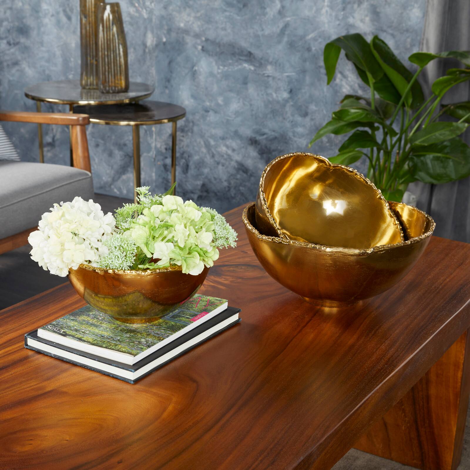 Set of 3&#x22; Gold Aluminum Modern Decorative Bowl, 6&#x22; x 14&#x22; x 14&#x22;