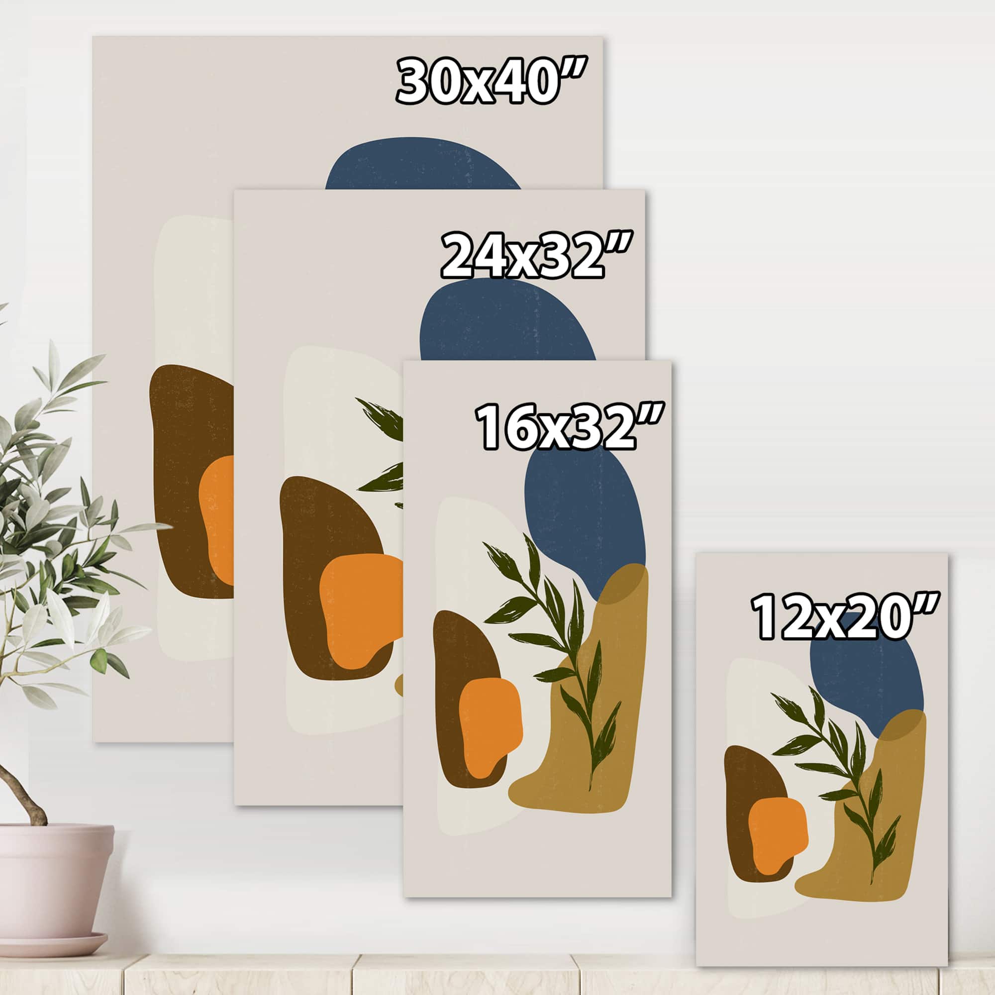 Designart - Botanical Minimalist Shapes With Green Leaf - Modern Canvas Wall Art Print