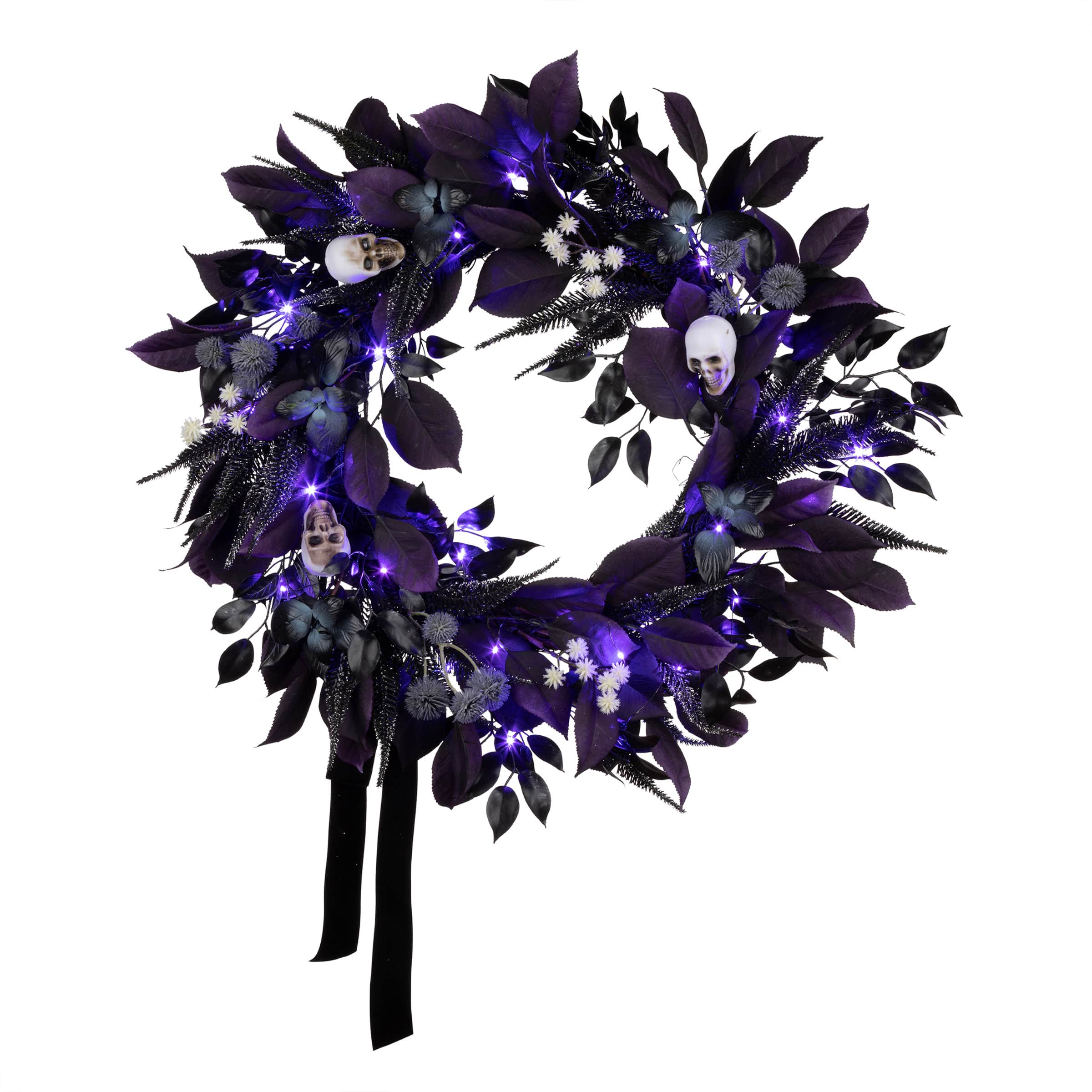 26&#x22; Floral Mini Skulls Pre-Lit LED Wreath