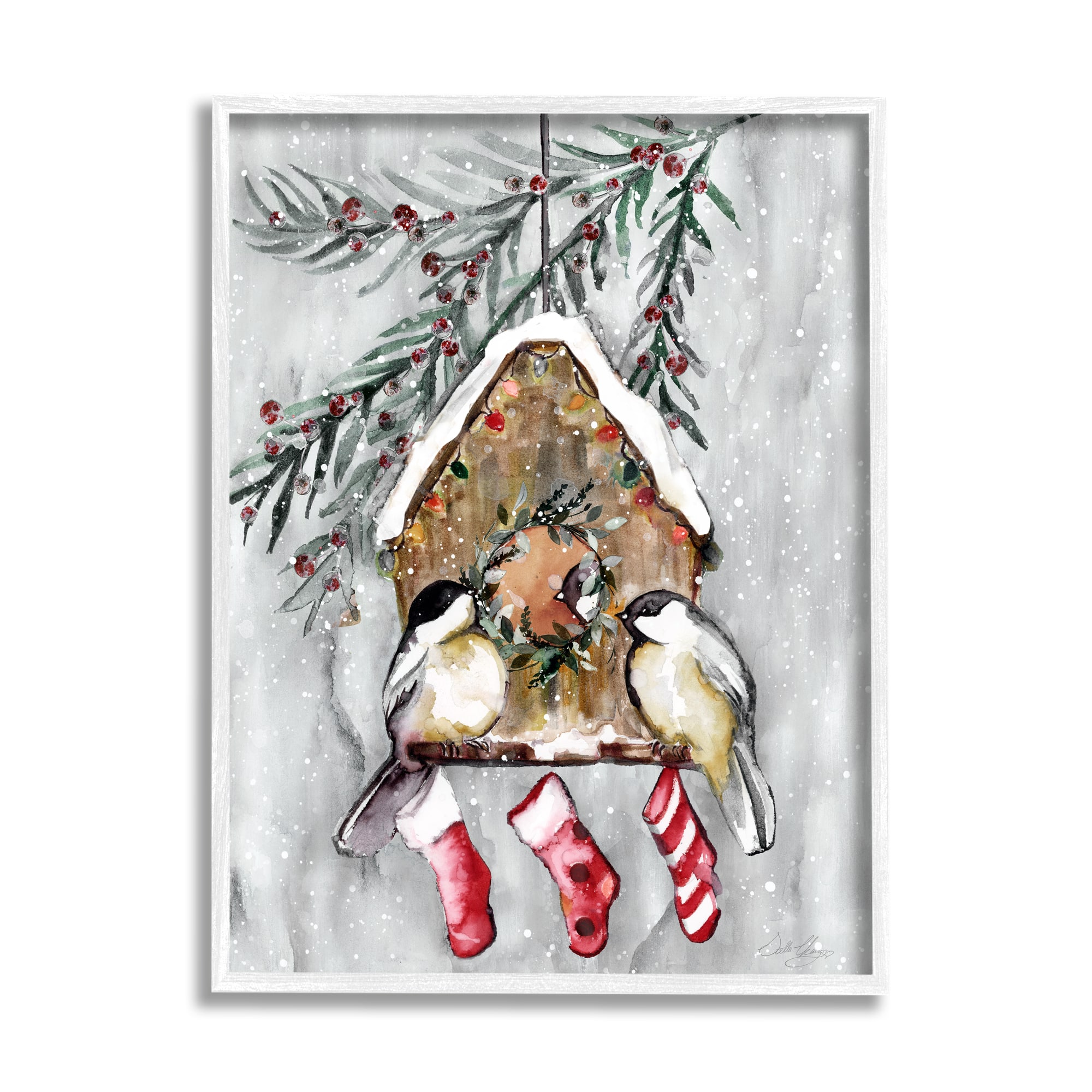Stupell Industries Holiday Stockings Birdhouse Perched Framed Giclee Art
