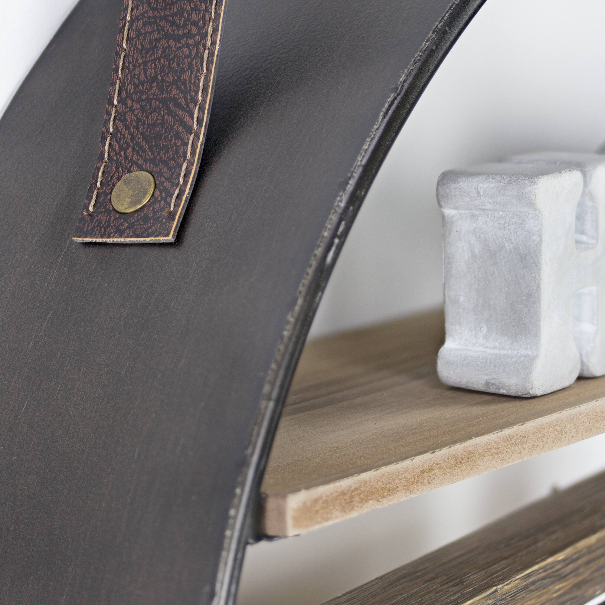 33" Metal & Wood Round Hanging Wall Shelf With Strap