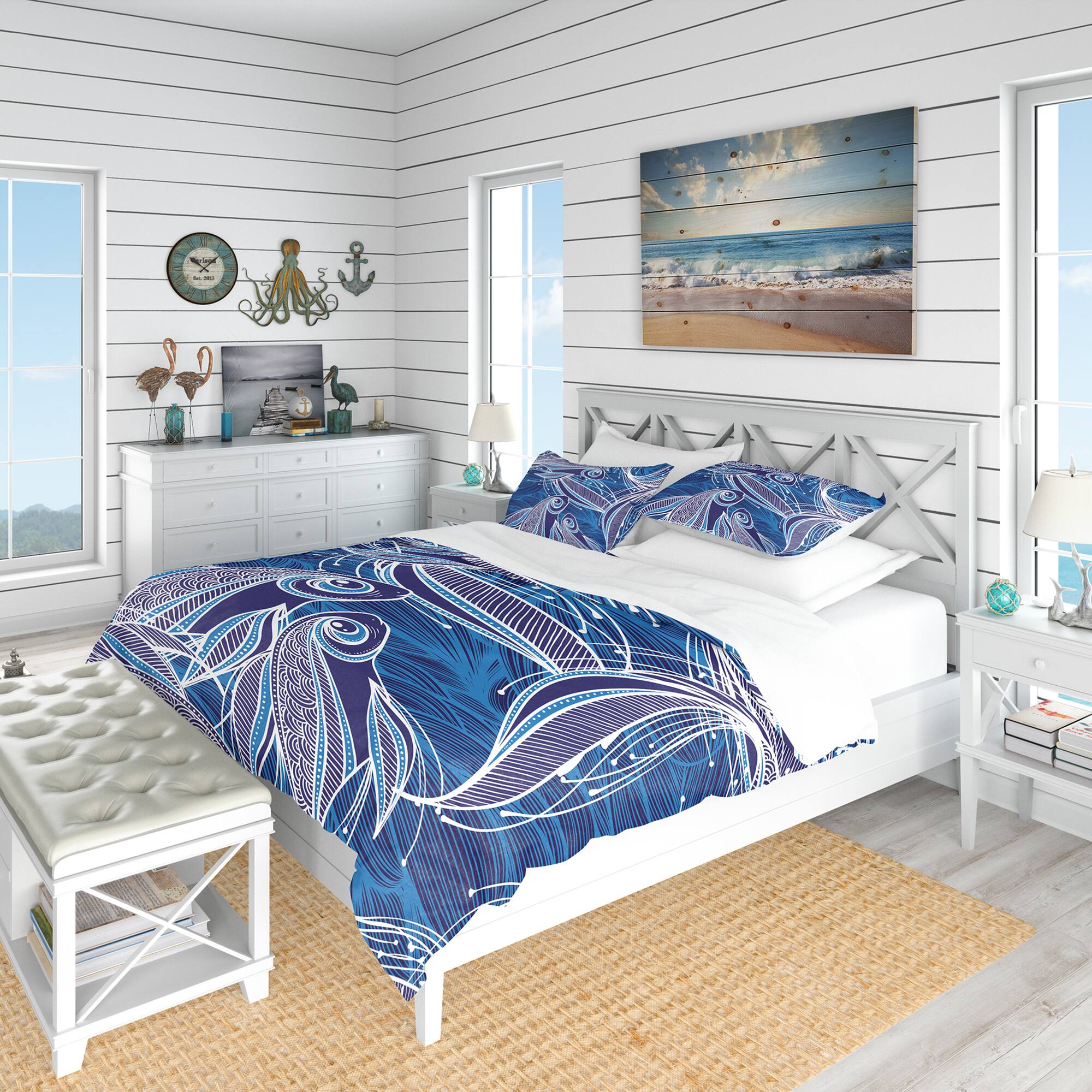 Designart &#x27;Blue Pattern with Fantastic Fishes&#x27; Nautical &#x26; Coastal Bedding Set - Duvet Cover &#x26; Shams