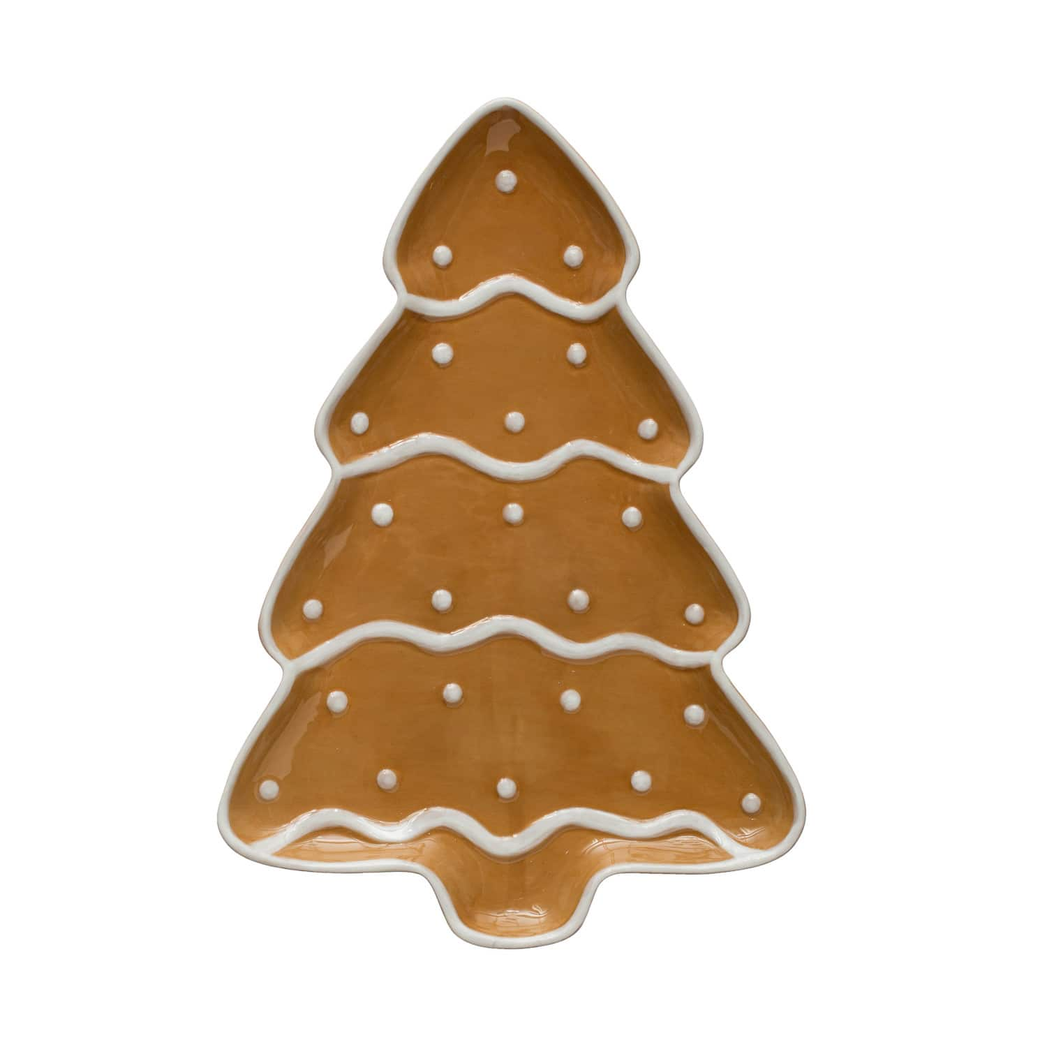 13&#x22; Brown &#x26; White Hand-Painted Ceramic Gingerbread Tree Shaped Platter