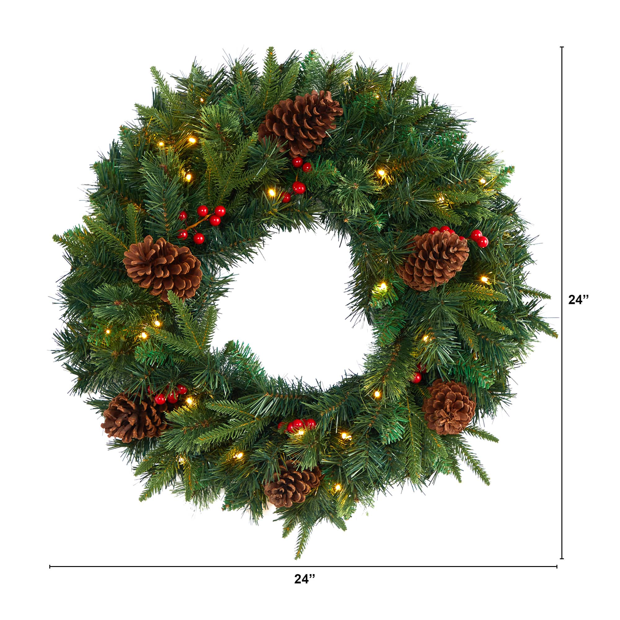 24&#x22; Clear LED Mixed Pine &#x26; Berries Christmas Wreath