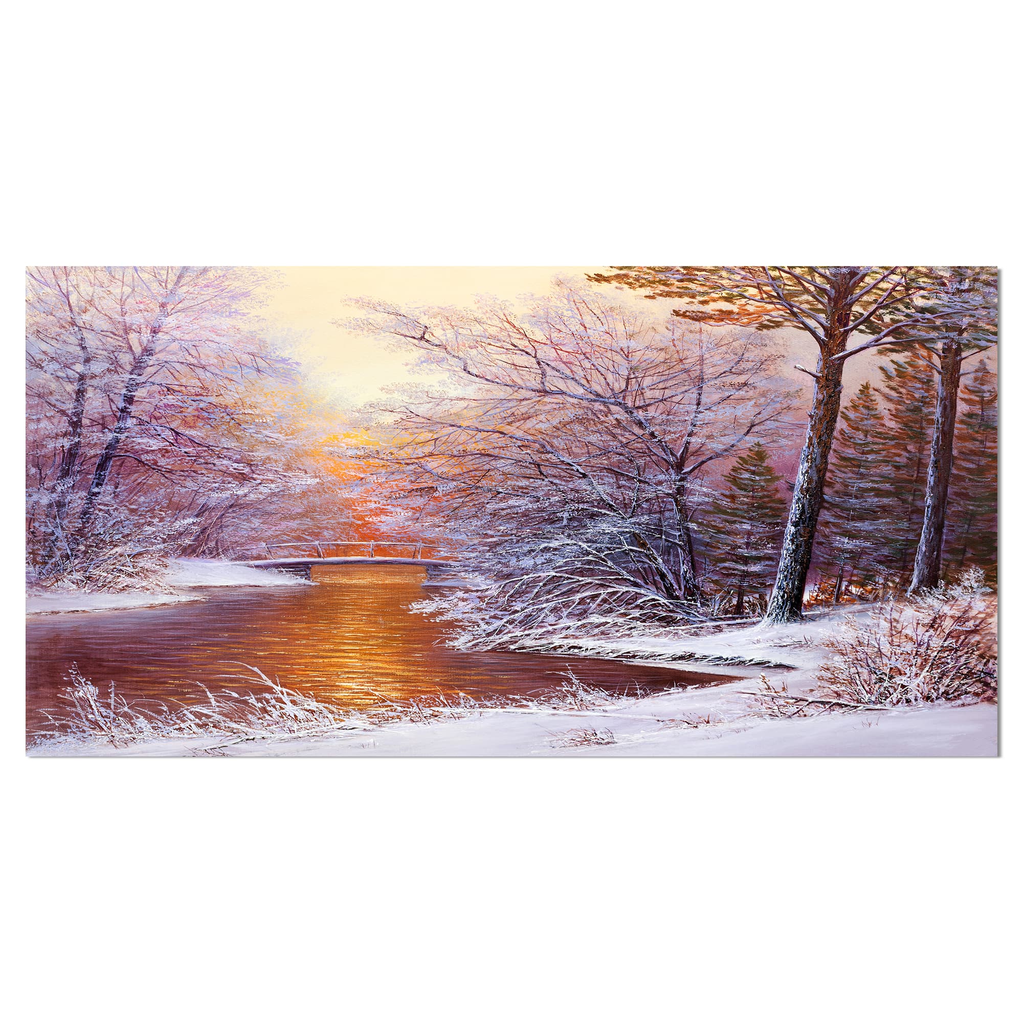 Designart - Winter Landscape with River - Landscapes Painting Print on Wrapped Canvas