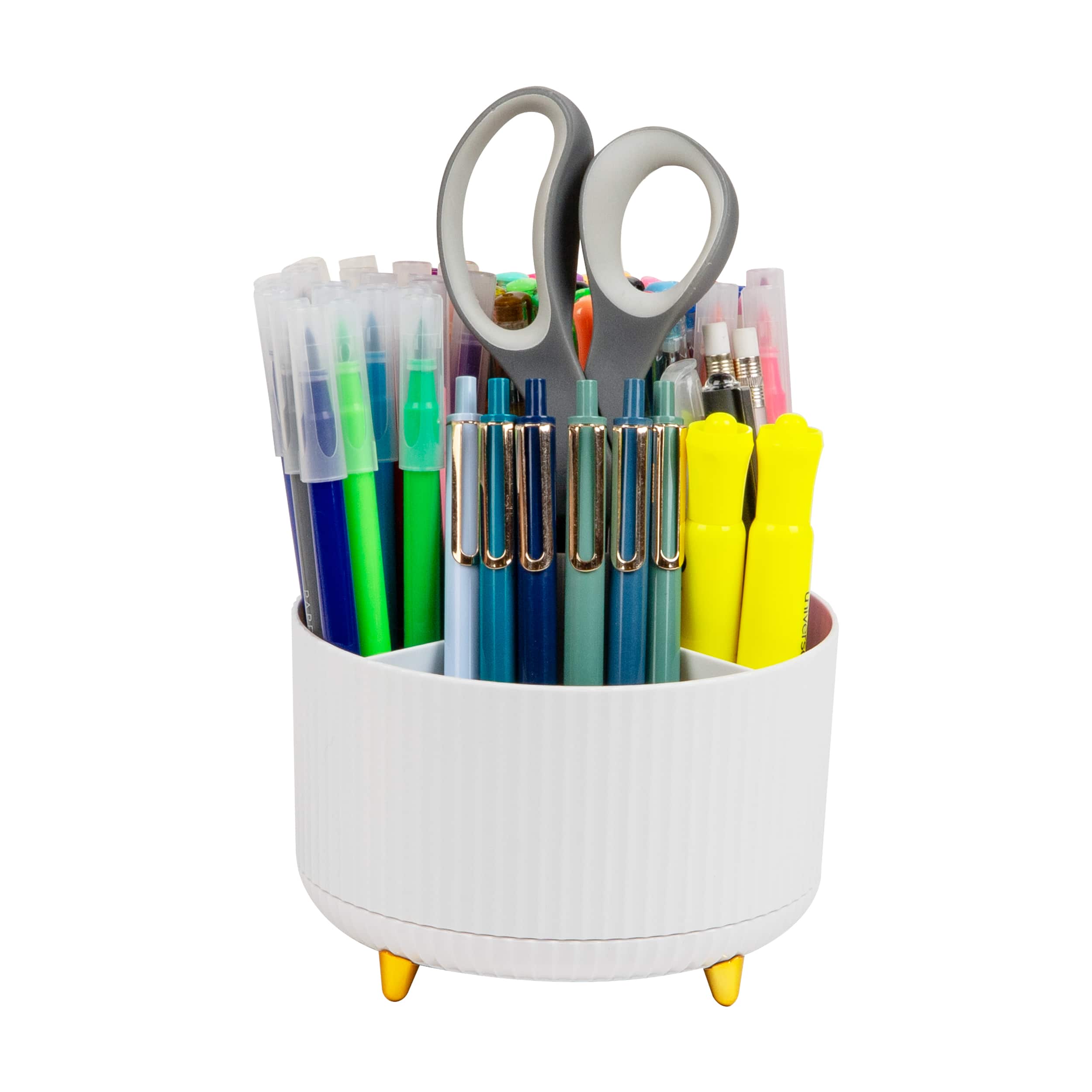 Mind Reader Rotating Pen Cup, 5-Compartment Accessory Holder for Desk Supplies, White