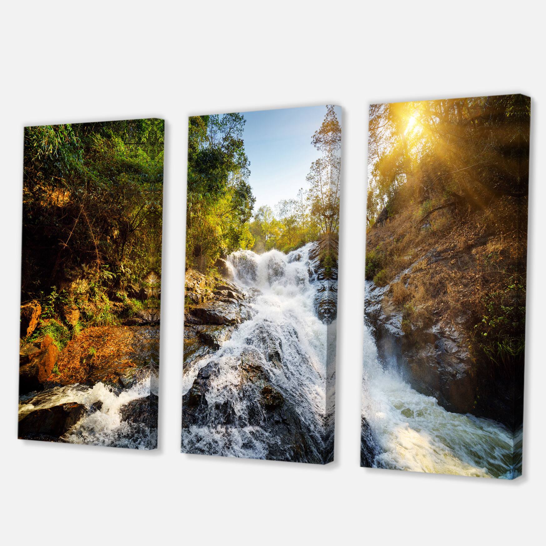 Designart - Waterfall through the Forest - Landscape Canvas Art Print