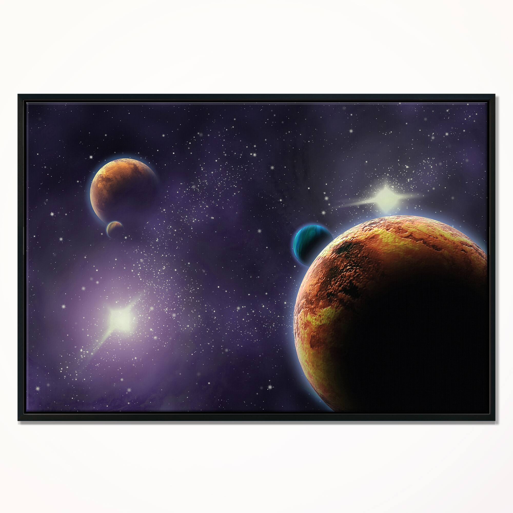 Designart - Planets in Deep Dark Space - Contemporary Canvas Artwork in Black Frame