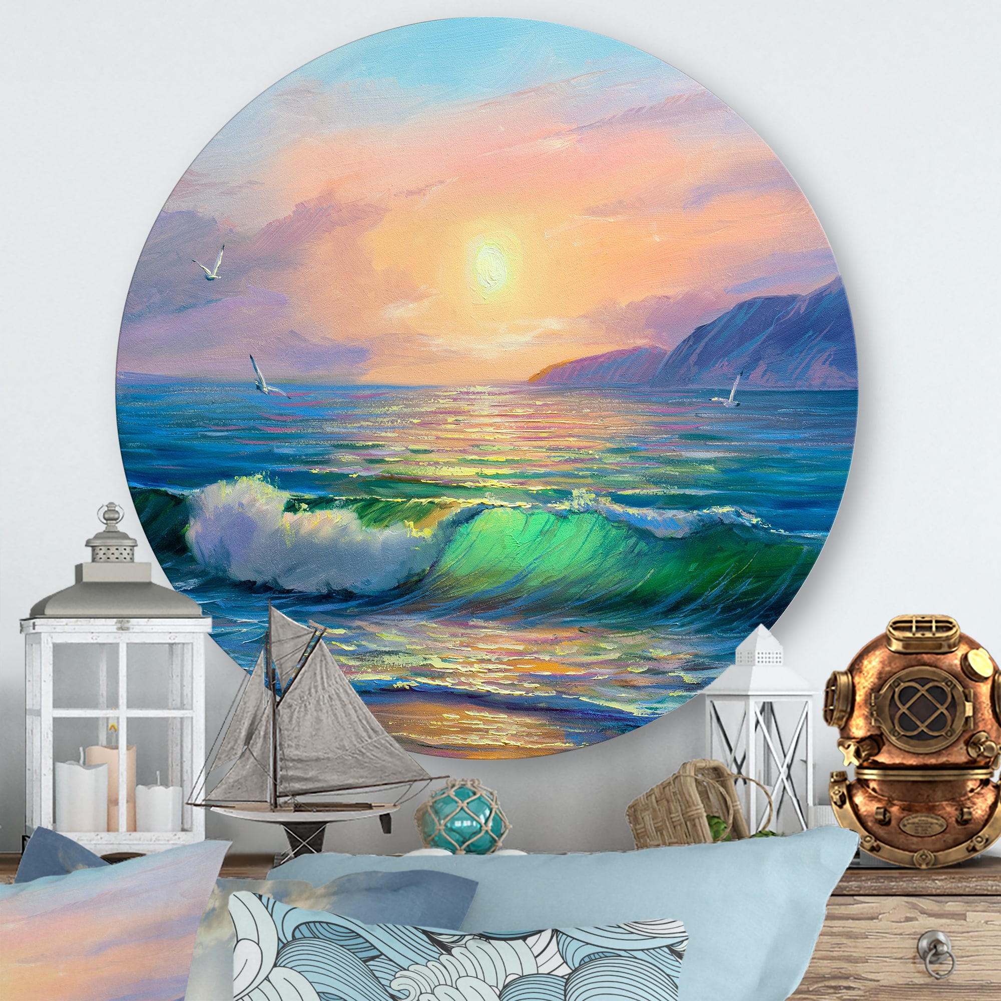 Designart - Blue Waves Breaking At The Beach V - Nautical &#x26; Coastal Metal Circle Wall Art