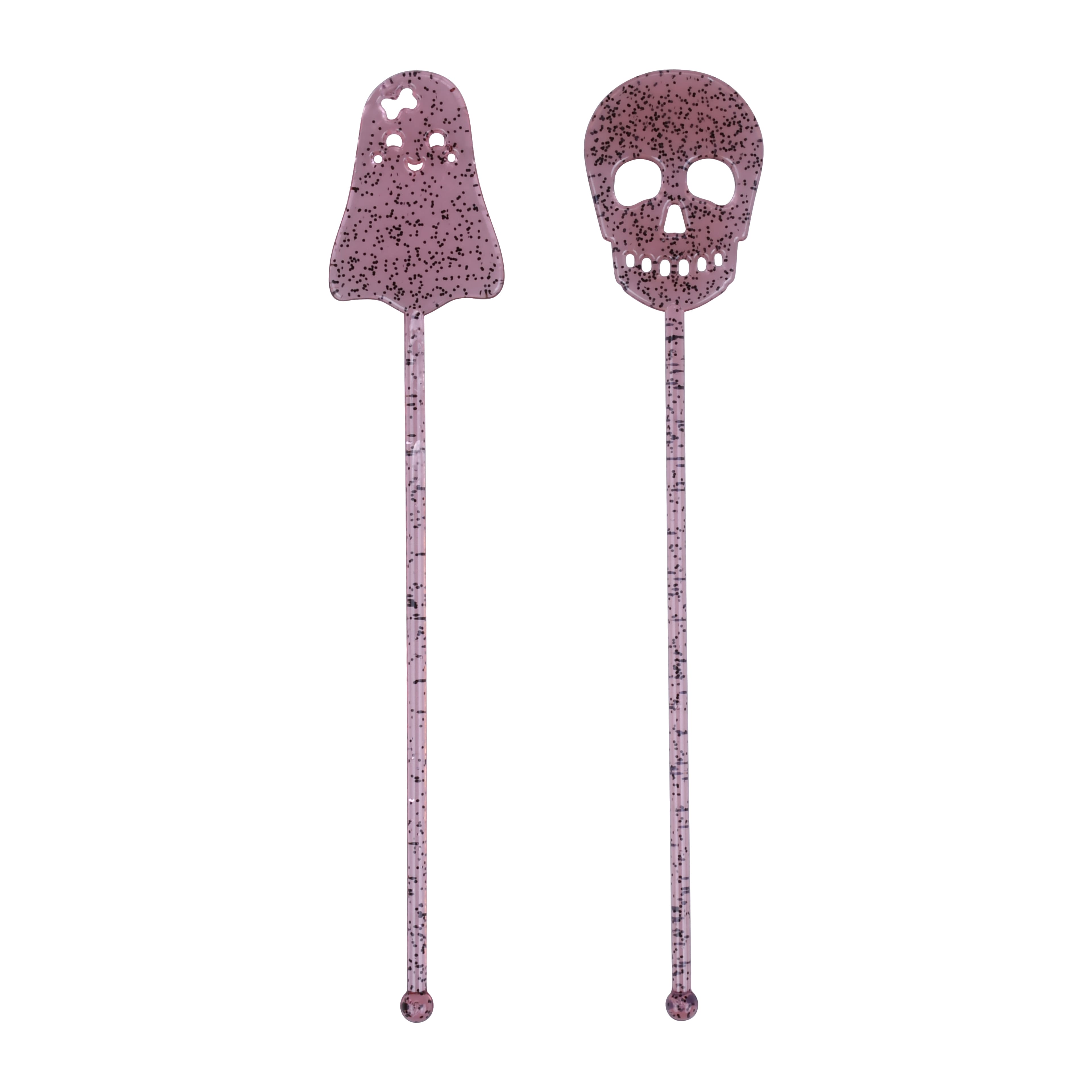 8&#x22; Pink Glitter Skull &#x26; Ghost Drink Stirrers, 12ct. by Makery&#x2122;