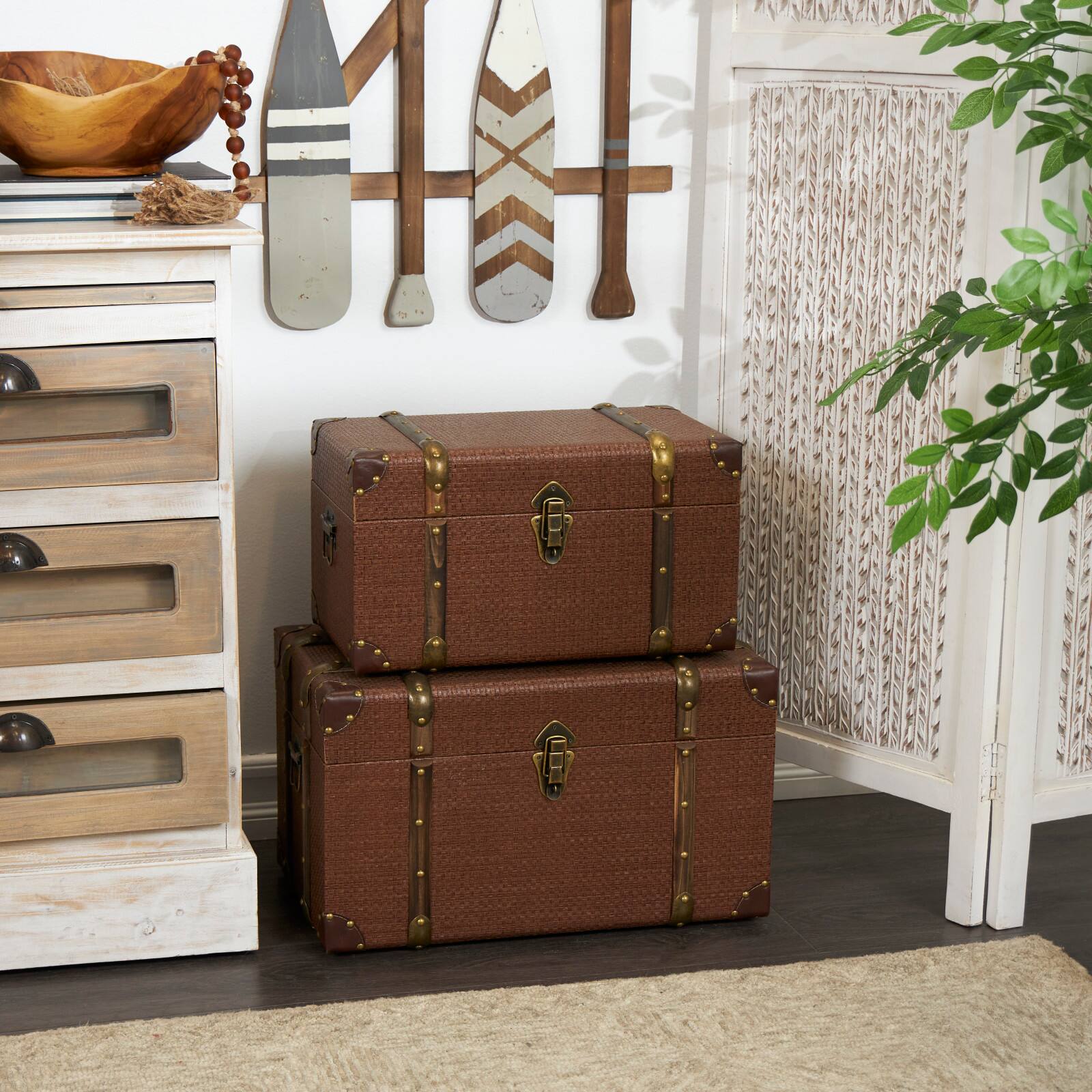 Brown Inspired Trunk with Latches &#x26; Leather Accent Set 