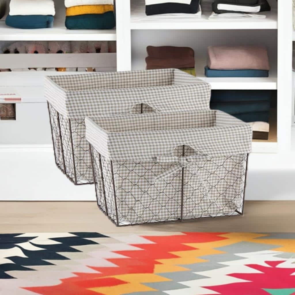 DII® Medium Rustic Bronze Chicken Wire Baskets with Stone Gingham Liners, 2ct.