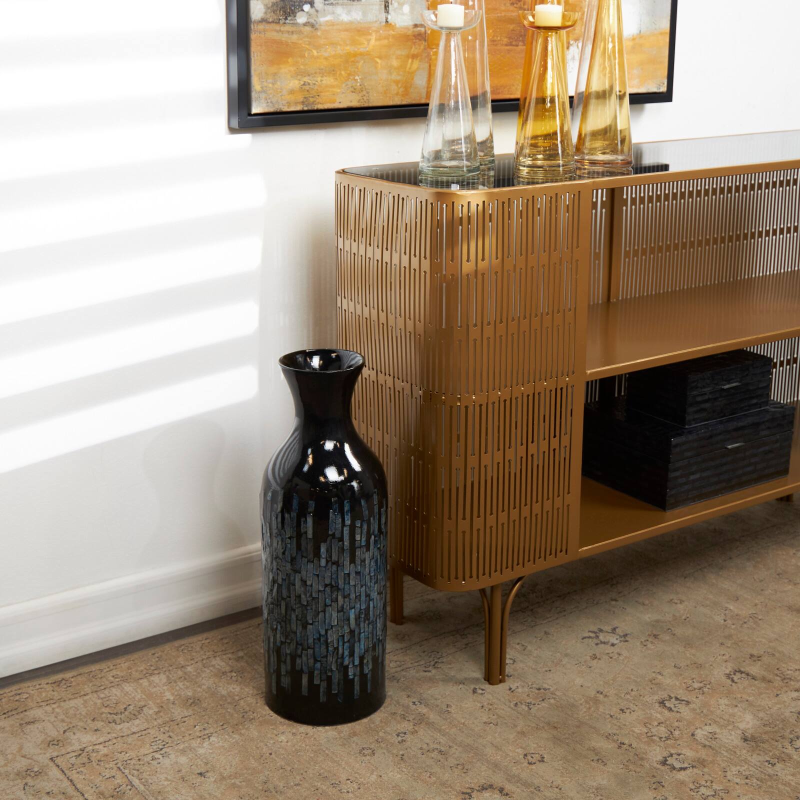 20" Black Capiz Shell Handmade Vase with Blue Ombre Design