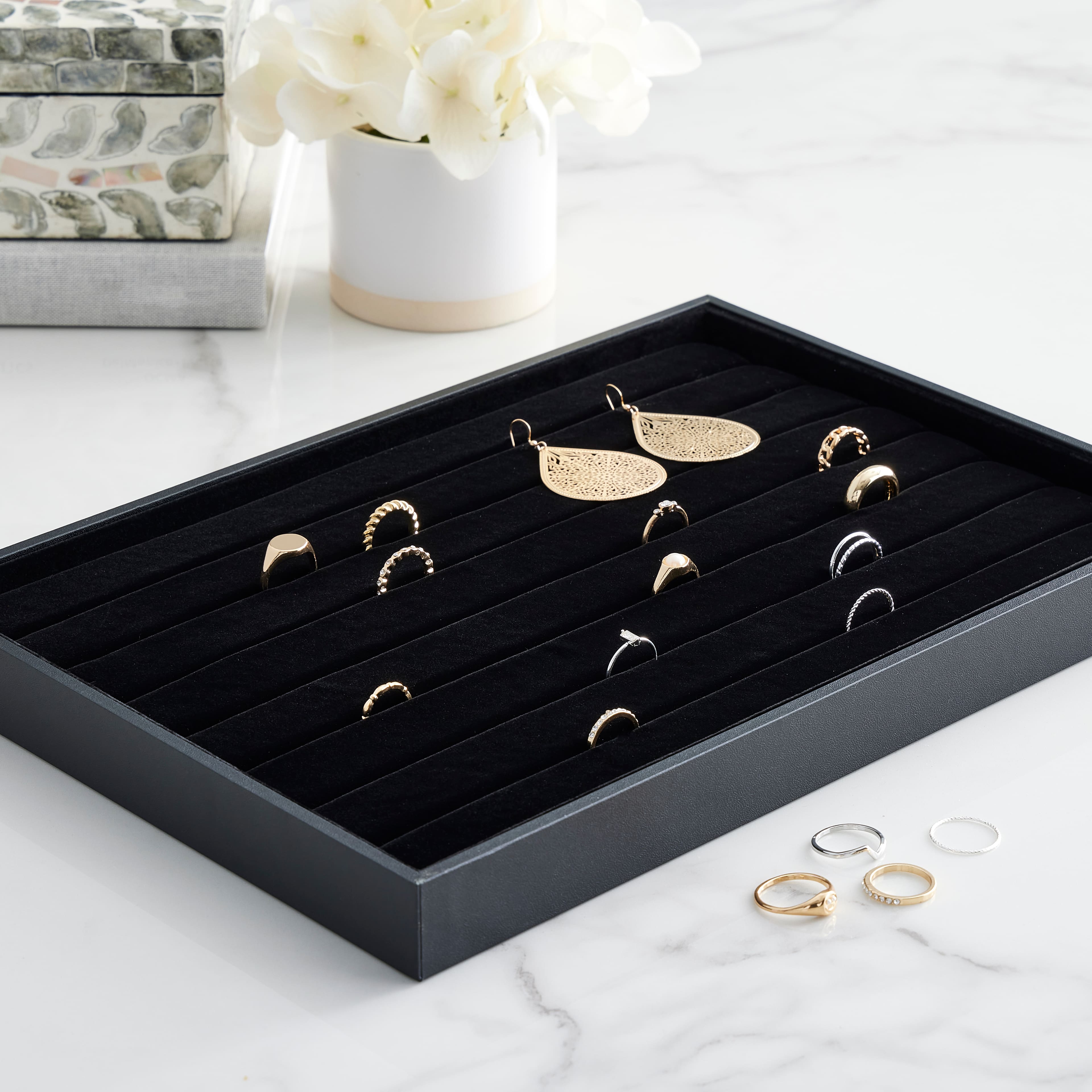 12 Pack: Black Velvet Ring Display Tray by Bead Landing™