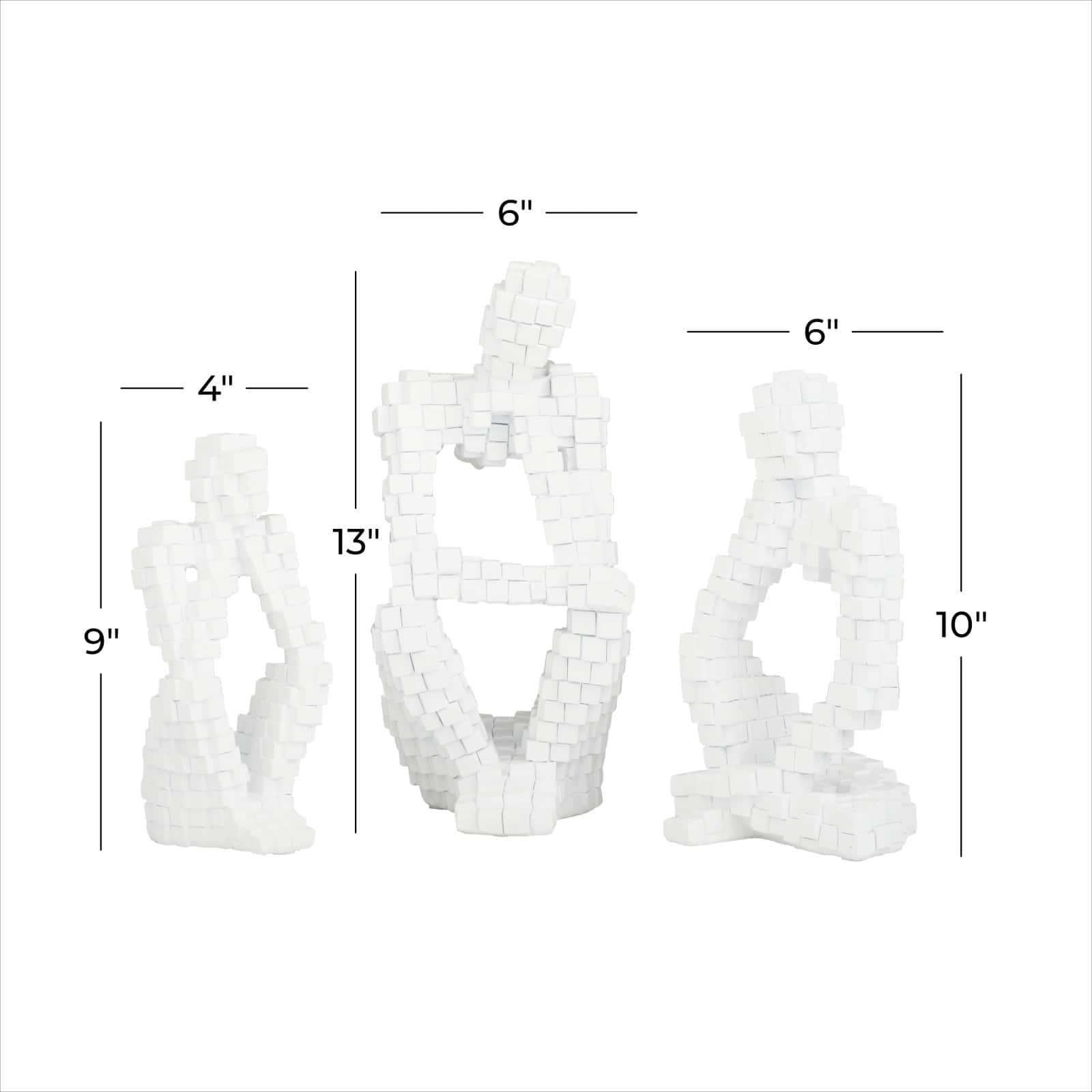 Set of 3 White Polystone Contemporary Sculptures, 13" x 6" x 6"