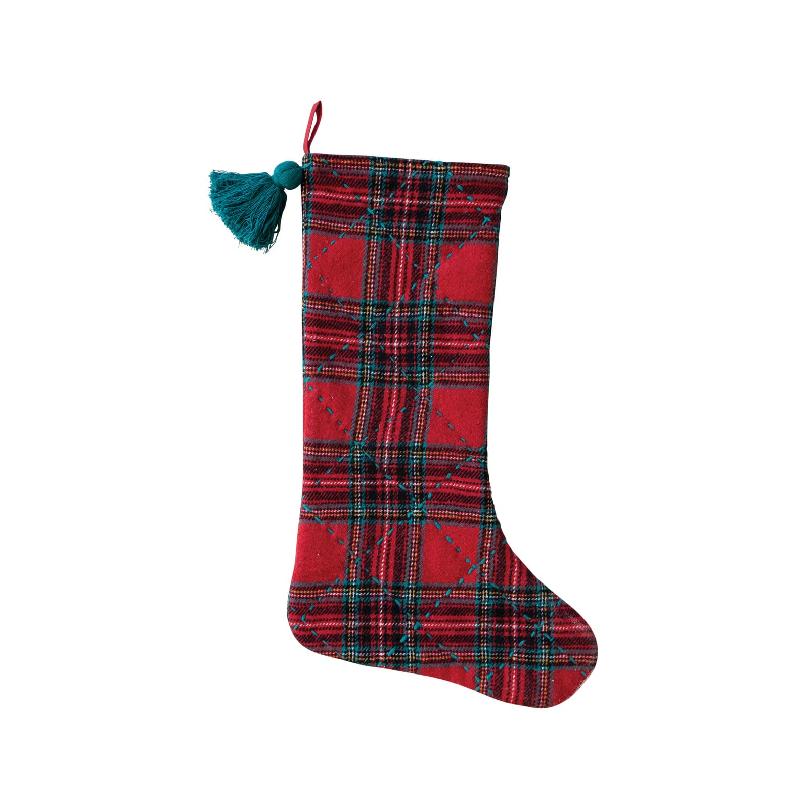Hello Honey&#xAE; 20&#x22; Red &#x26; Green Plaid Brushed Cotton Flannel Quilted Stocking with Tassel