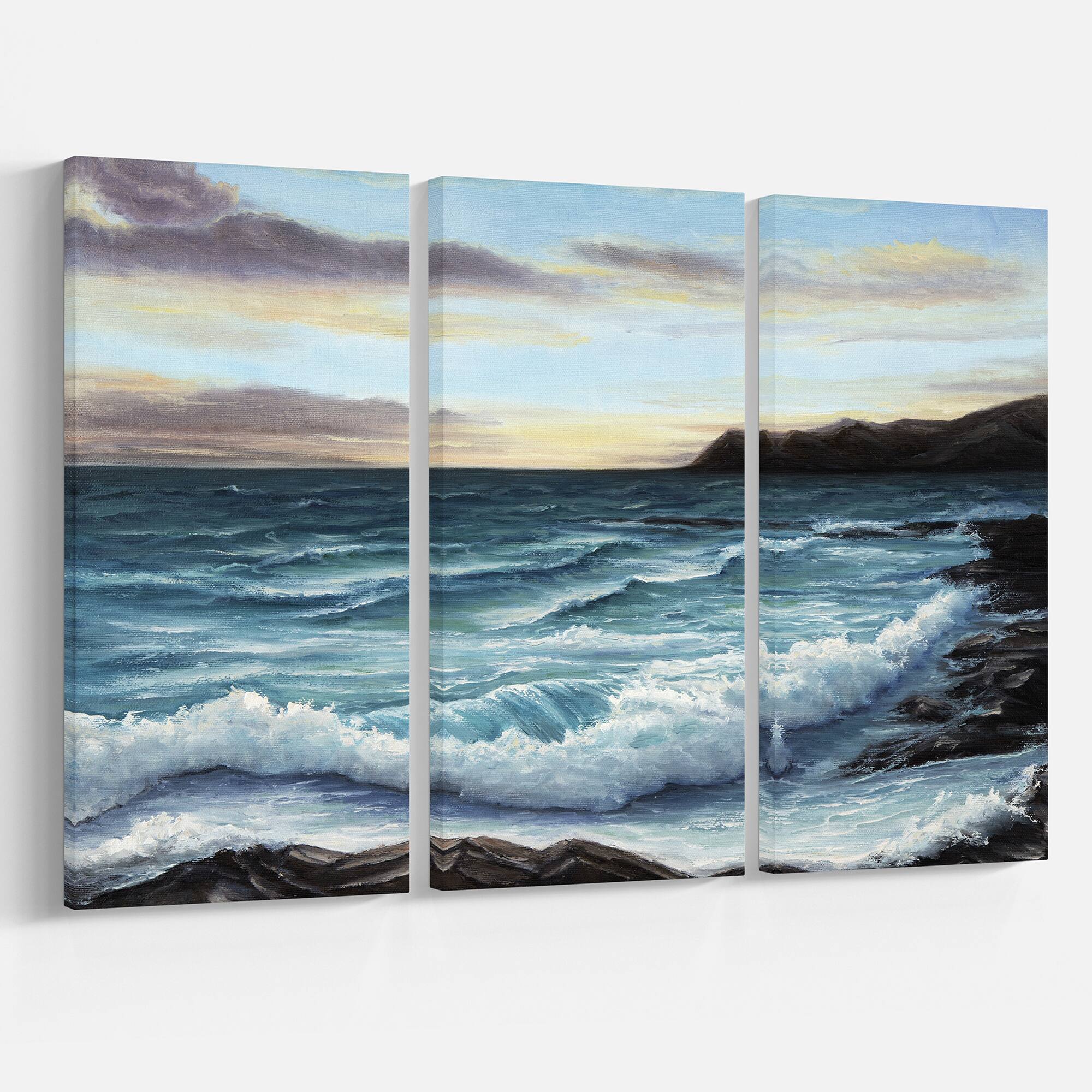 Designart - Ocean Waves at Seashore - Sea & Shore Painting Print on Wrapped Canvas set