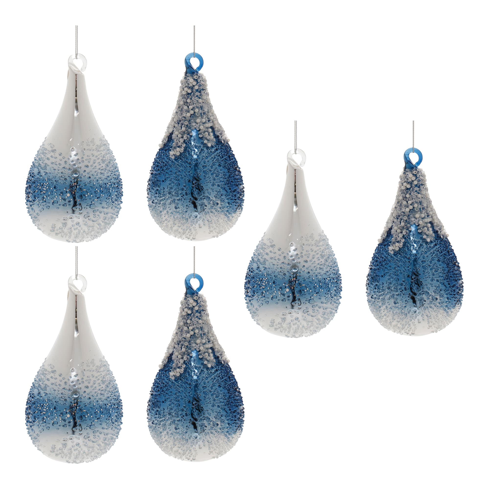 6&#x22; Navy Beaded Glass Teardrop Ornaments Set