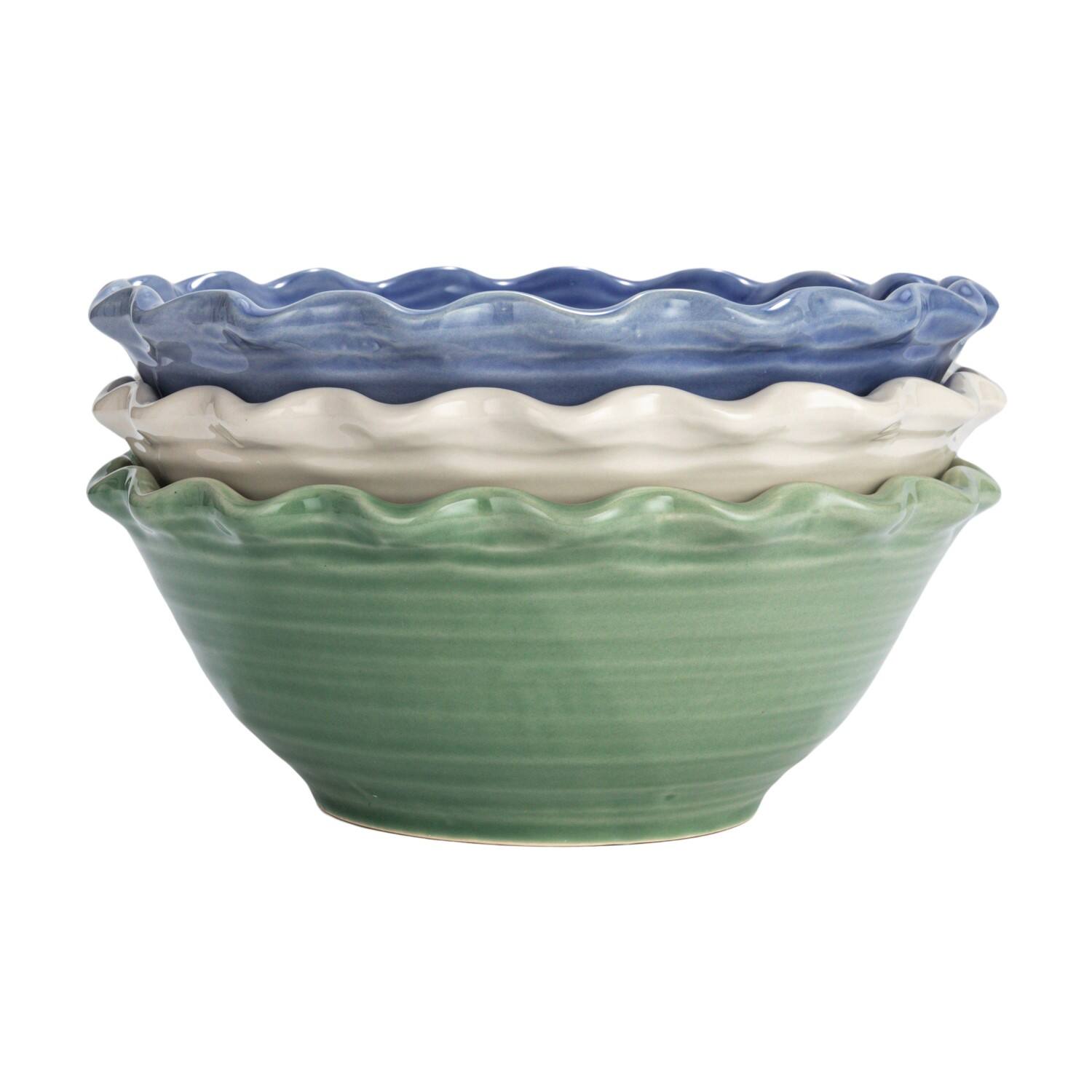 Hello Honey® 10" Blue, Green & Cream Stoneware Bowl with Scalloped Edge Set