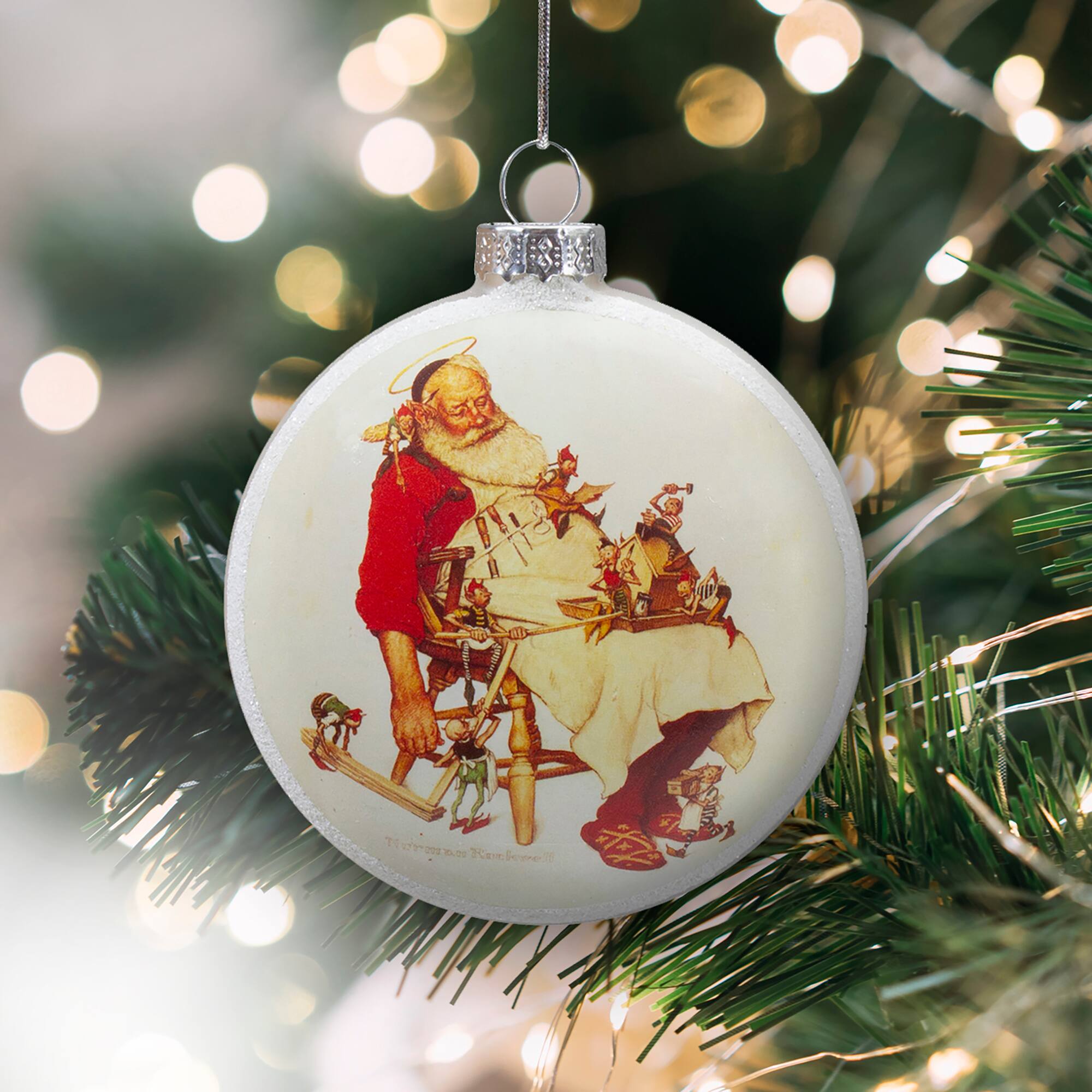 Norman Rockwell 'Santa and His Helpers' Glass Disc Christmas Ornament - 3"