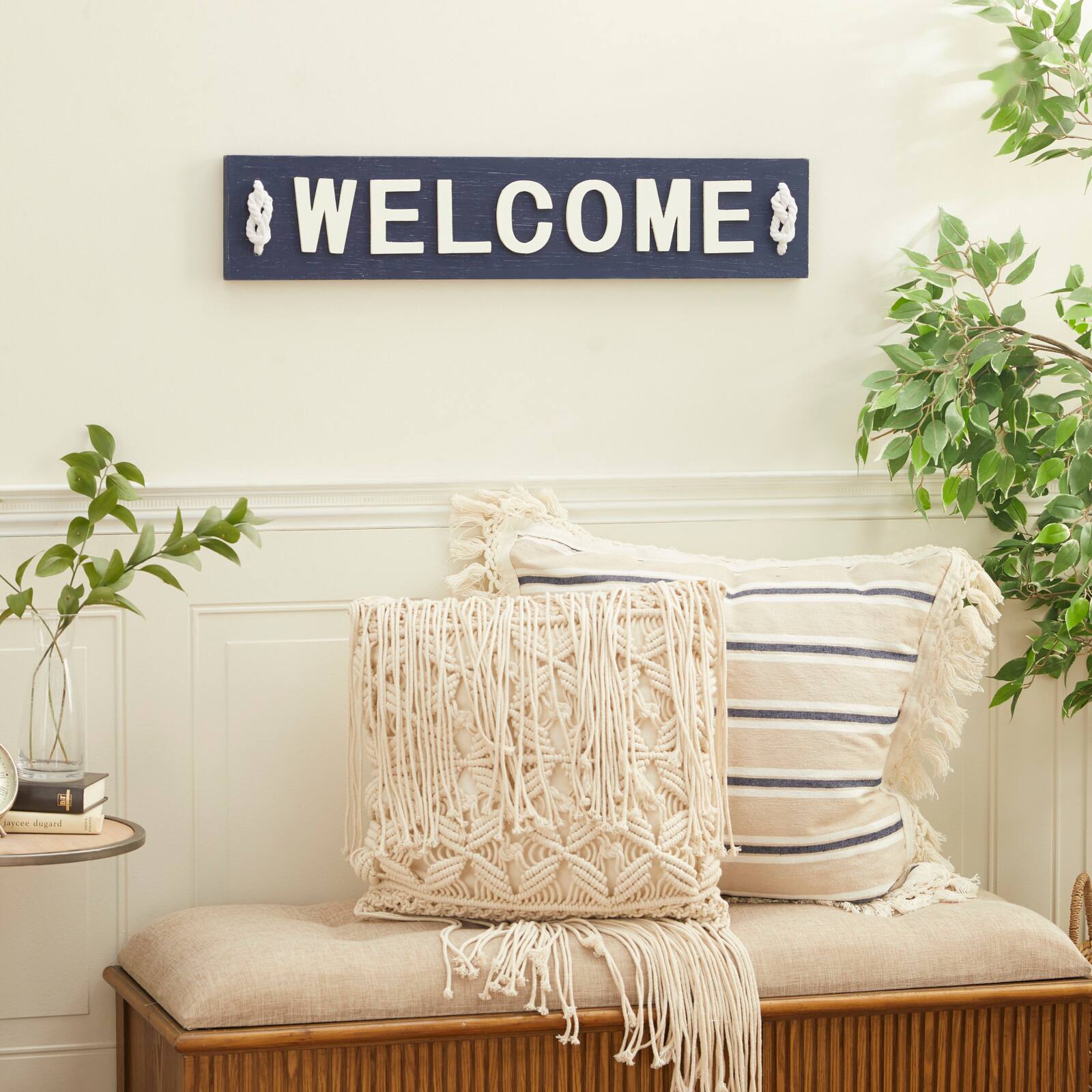 Coastal Blue and White Wood and Metal Welcome Sign, 6&#x22; x 32&#x22; x 2&#x22;