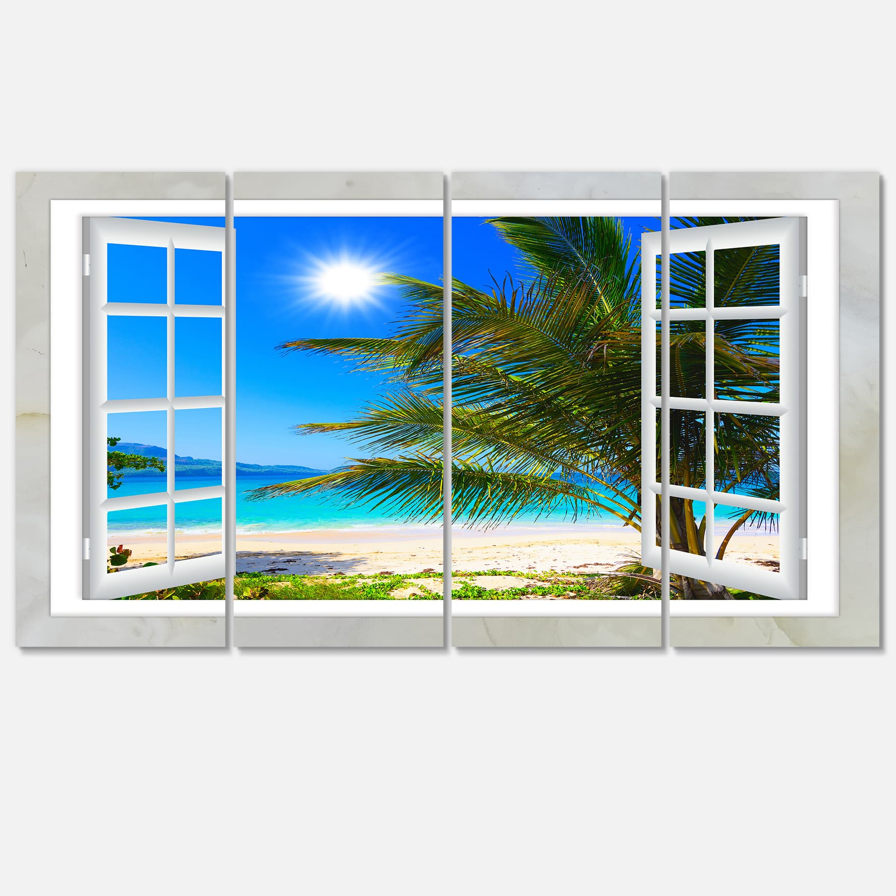 Designart - Window Open to Beach with Palm - Extra Large Seashore Canvas Art