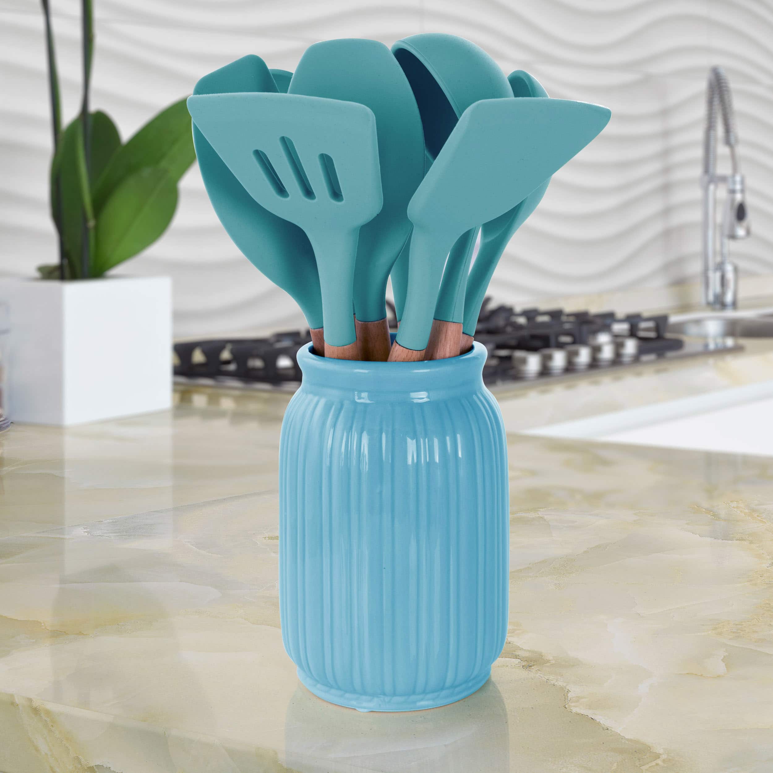 MegaChef Light Teal Silicone & Wood Cooking Utensils Set, 9ct.
